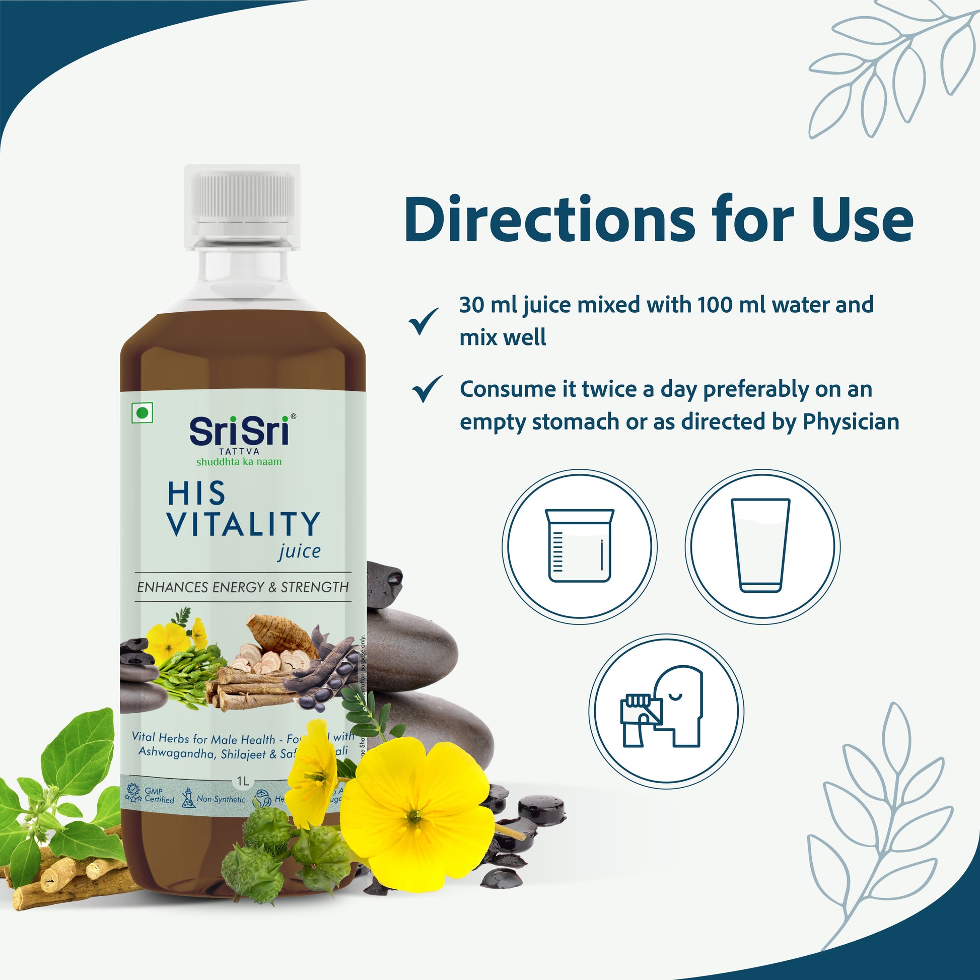 His Vitality Juice - Enhances Energy & Strength | Vital Herbs For Male Health - Fortified With Ashwagandha, Shilajeet & Safed Musali | 1 L 1L