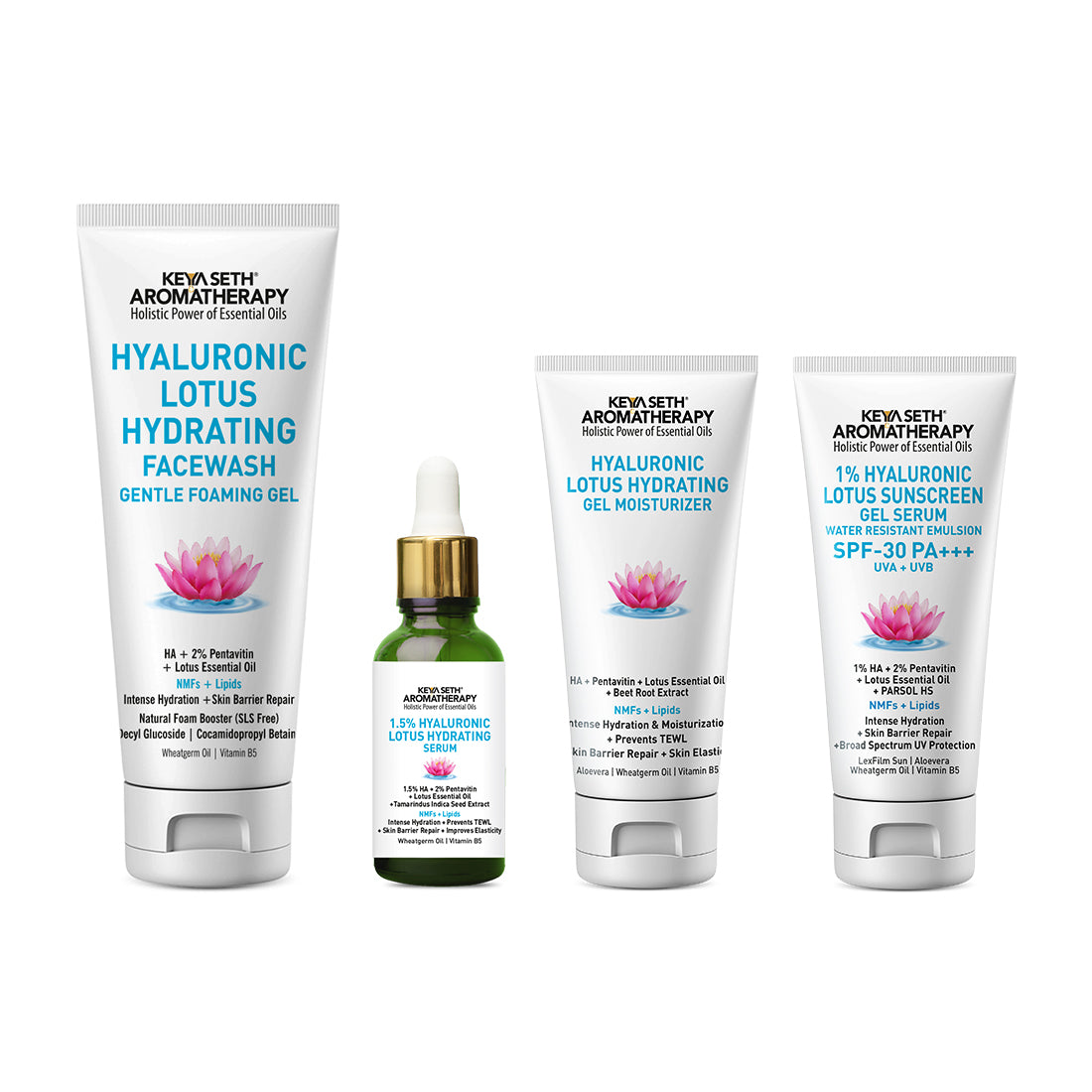 Complete Hydrating & Plumping Kit: Hyaluronic Lotus Face Wash, 1.5% Serum, Gel Moisturizer with 2% Pentavitin + Parsol HS, SPF 30+++ Sunscreen for Intense Hydration & Skin Barrier Repair 230ml