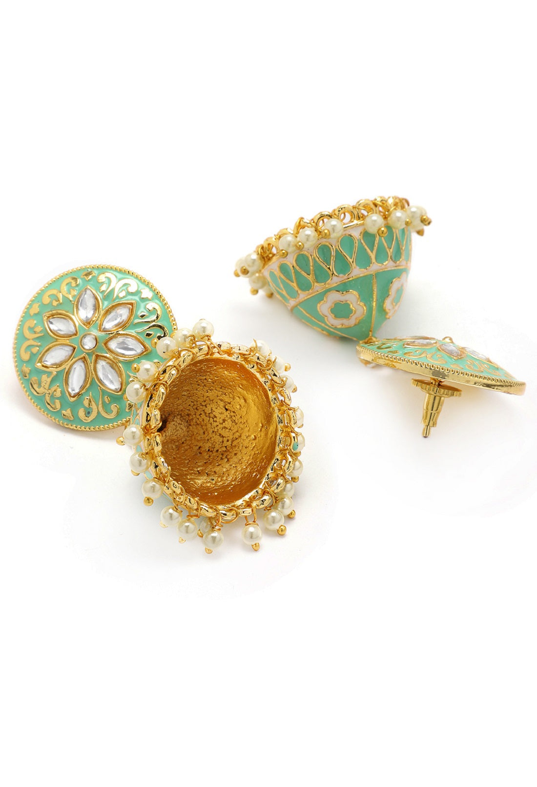 Rubans 18K Gold-Plated & Green Enamel Hand Painted Kundan Dome Shaped Handcrafted Jhumkas Green