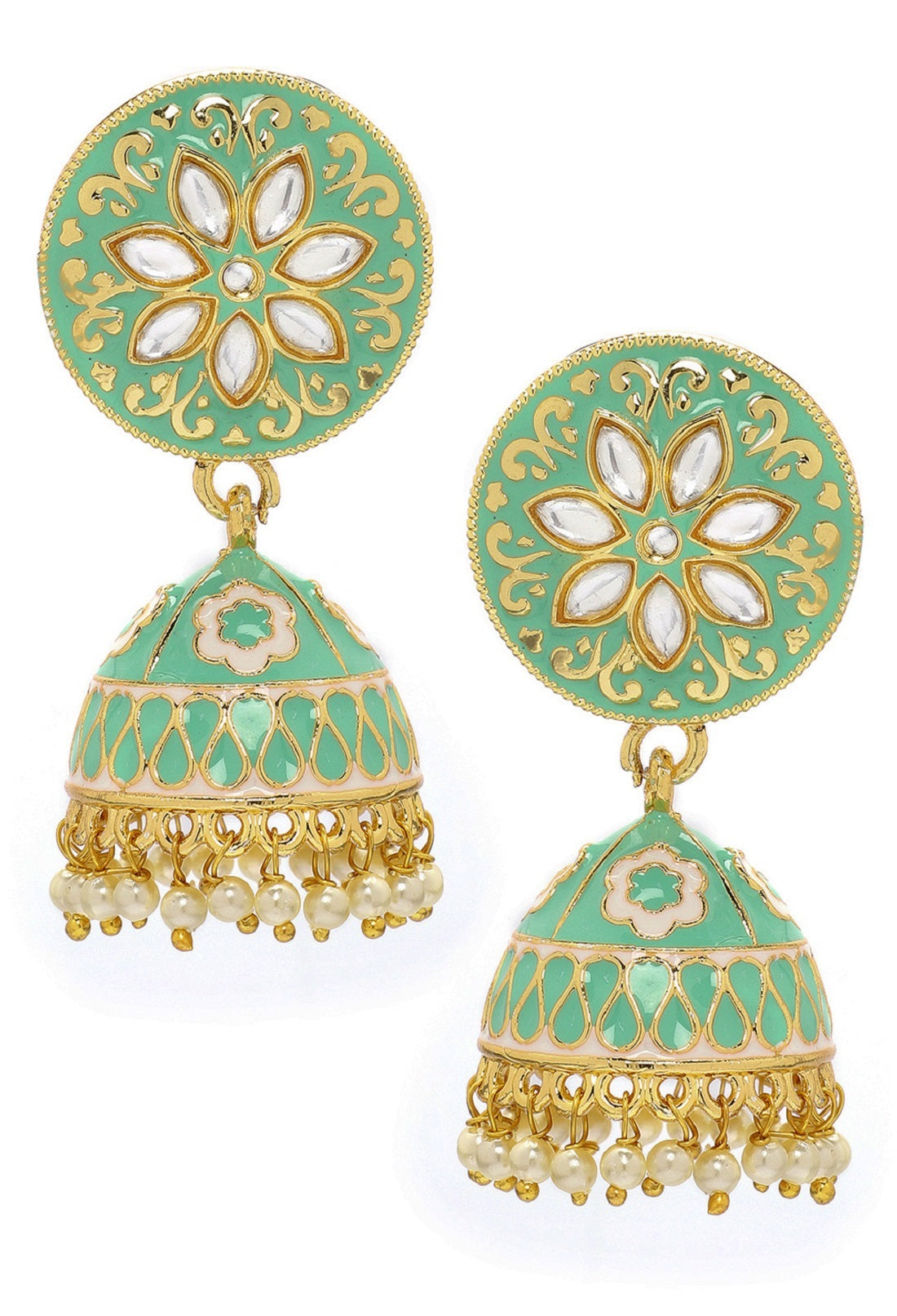 Rubans 18K Gold-Plated & Green Enamel Hand Painted Kundan Dome Shaped Handcrafted Jhumkas Green