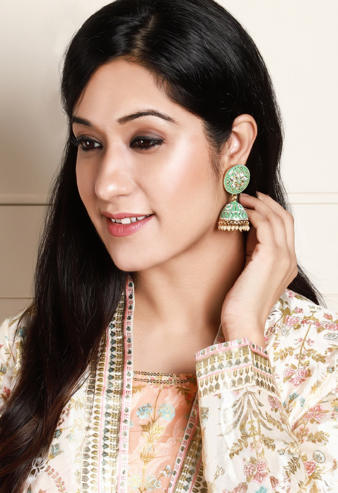 Rubans 18K Gold-Plated & Green Enamel Hand Painted Kundan Dome Shaped Handcrafted Jhumkas Green