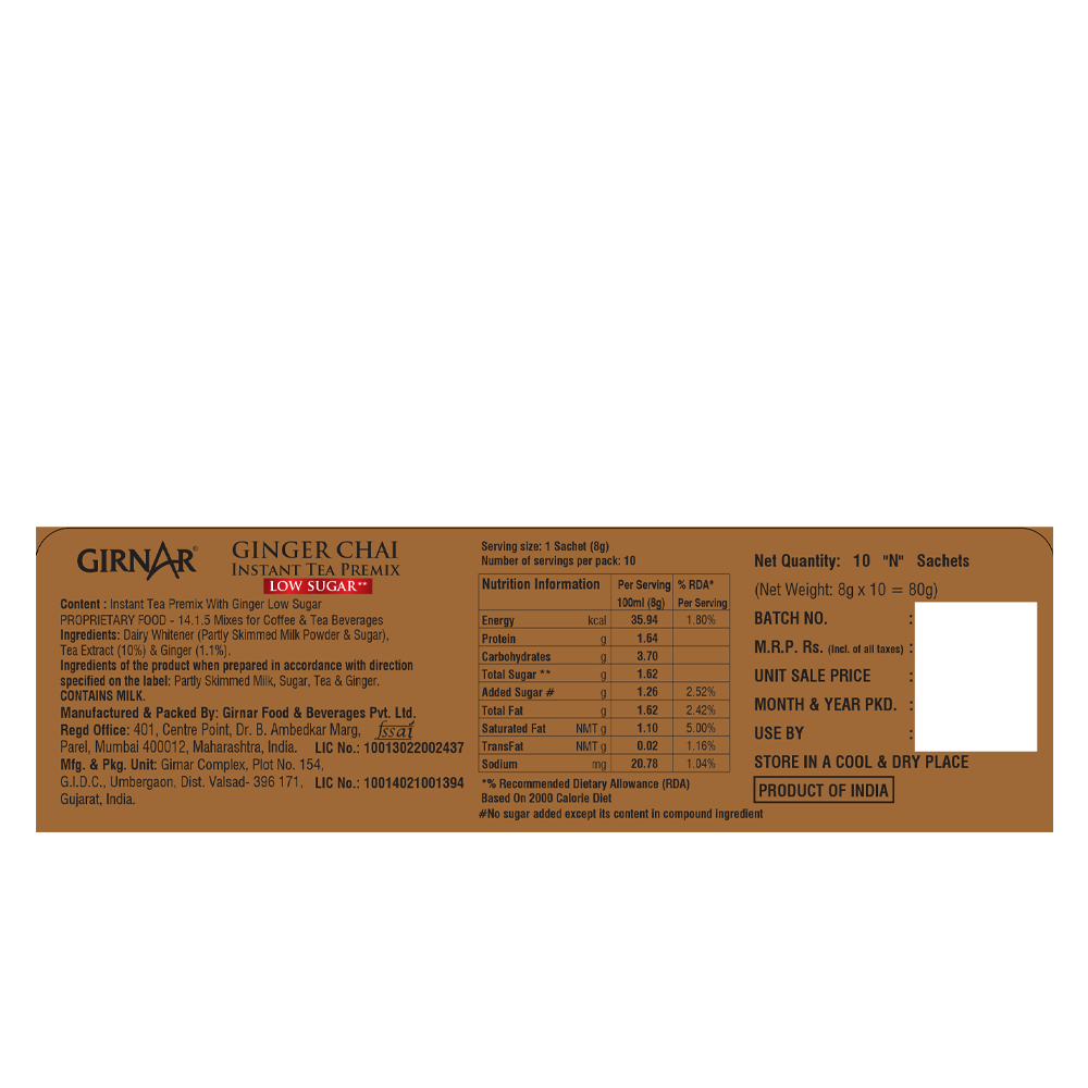 Instant Tea Premix With Ginger (Low Sugar) 10 Sachets