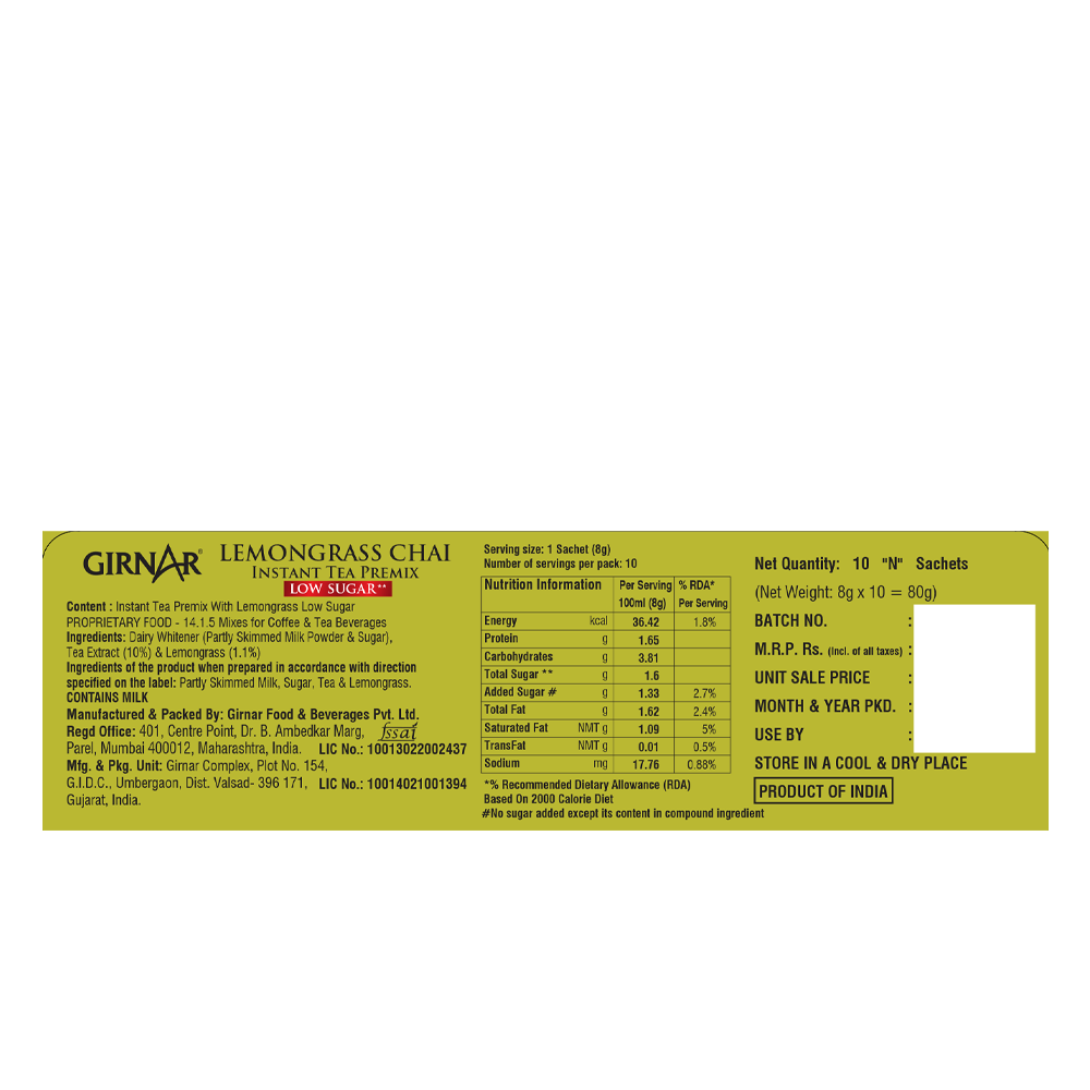 Instant Tea Premix With Lemongrass (Low Sugar) 10 Sachets