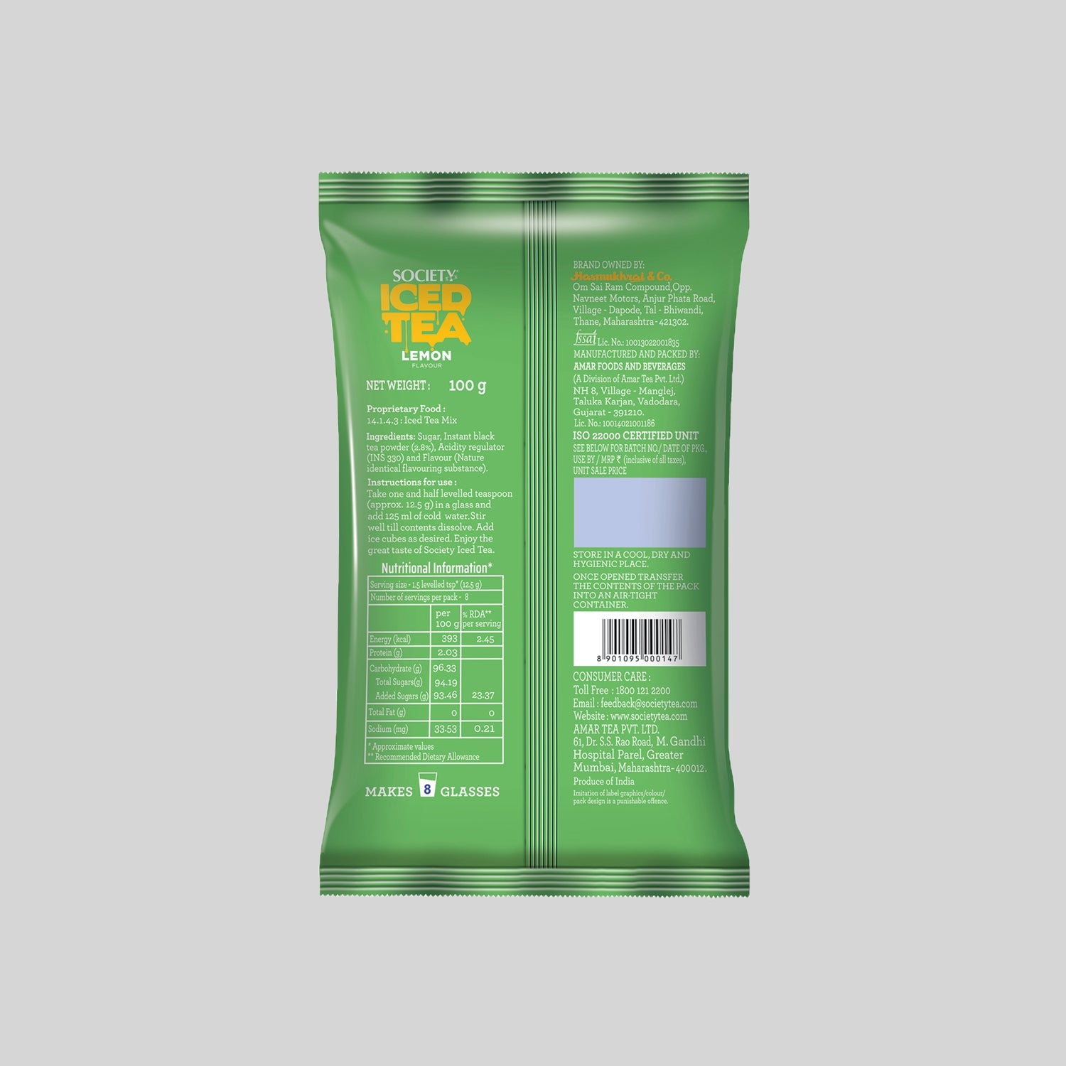 Society Iced Premix Tea Lemon Green 100g Pouch - Pack of 10 100 g x 10