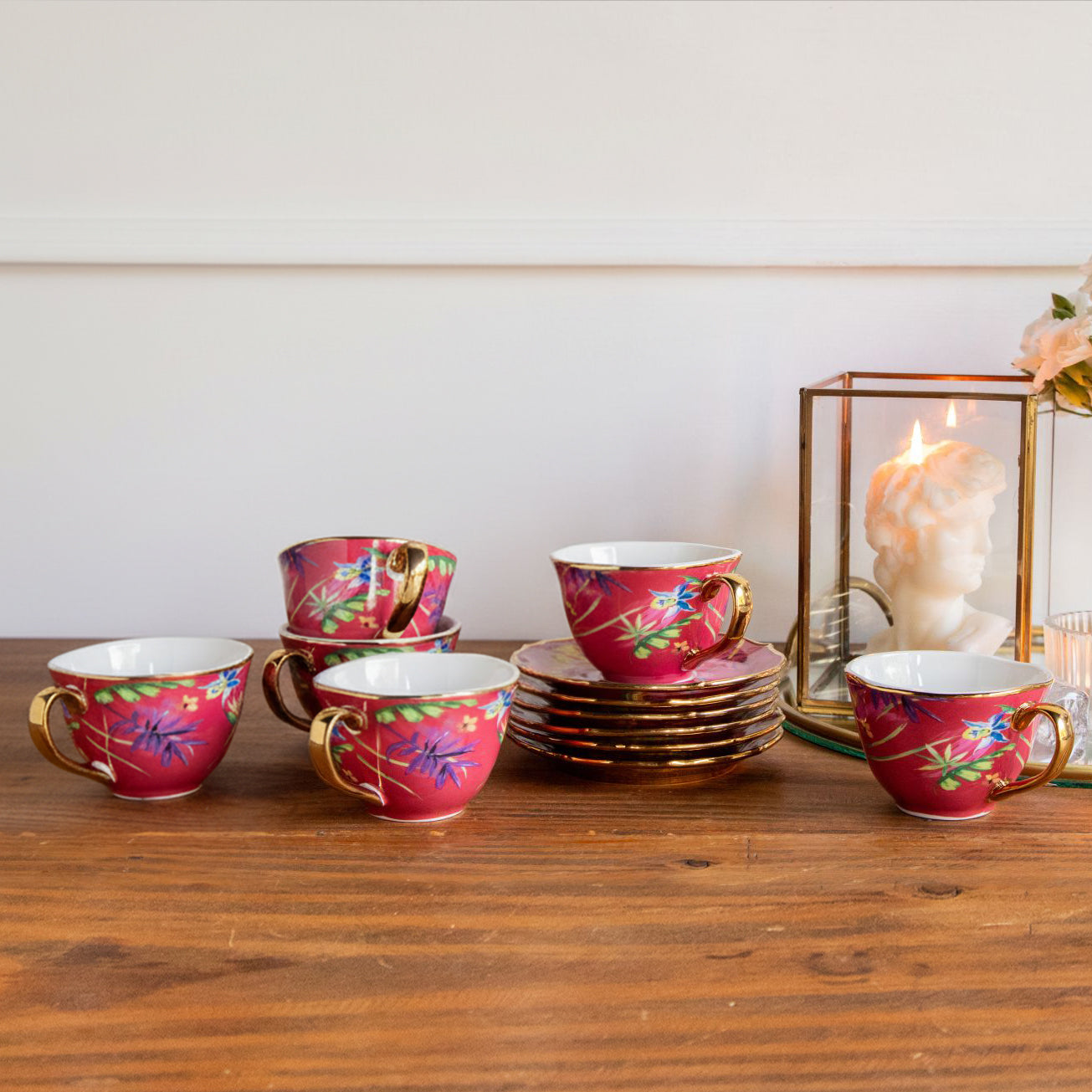Imperial Crimson Bloom Tea Set (6 Cups & Saucers) – 200 ml 200ml