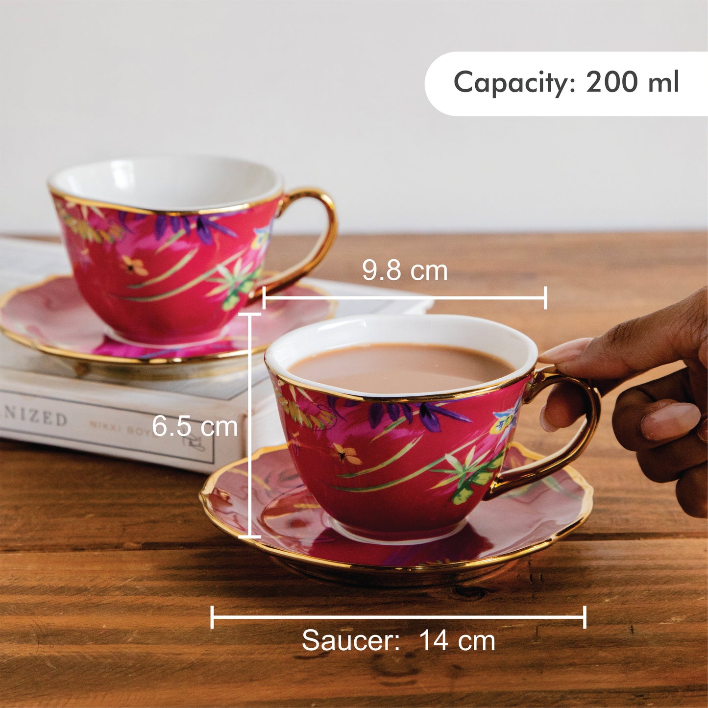 Imperial Crimson Bloom Tea Set (6 Cups & Saucers) – 200 ml 200ml