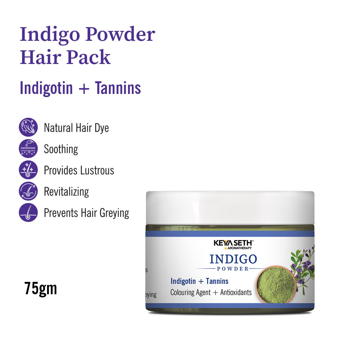 Indigo Powder Hair Pack with Indigotin & Tannins for Natural Hair Dye, Soothing Care, Lustrous Shine, Revitalization & Grey Prevention 75g