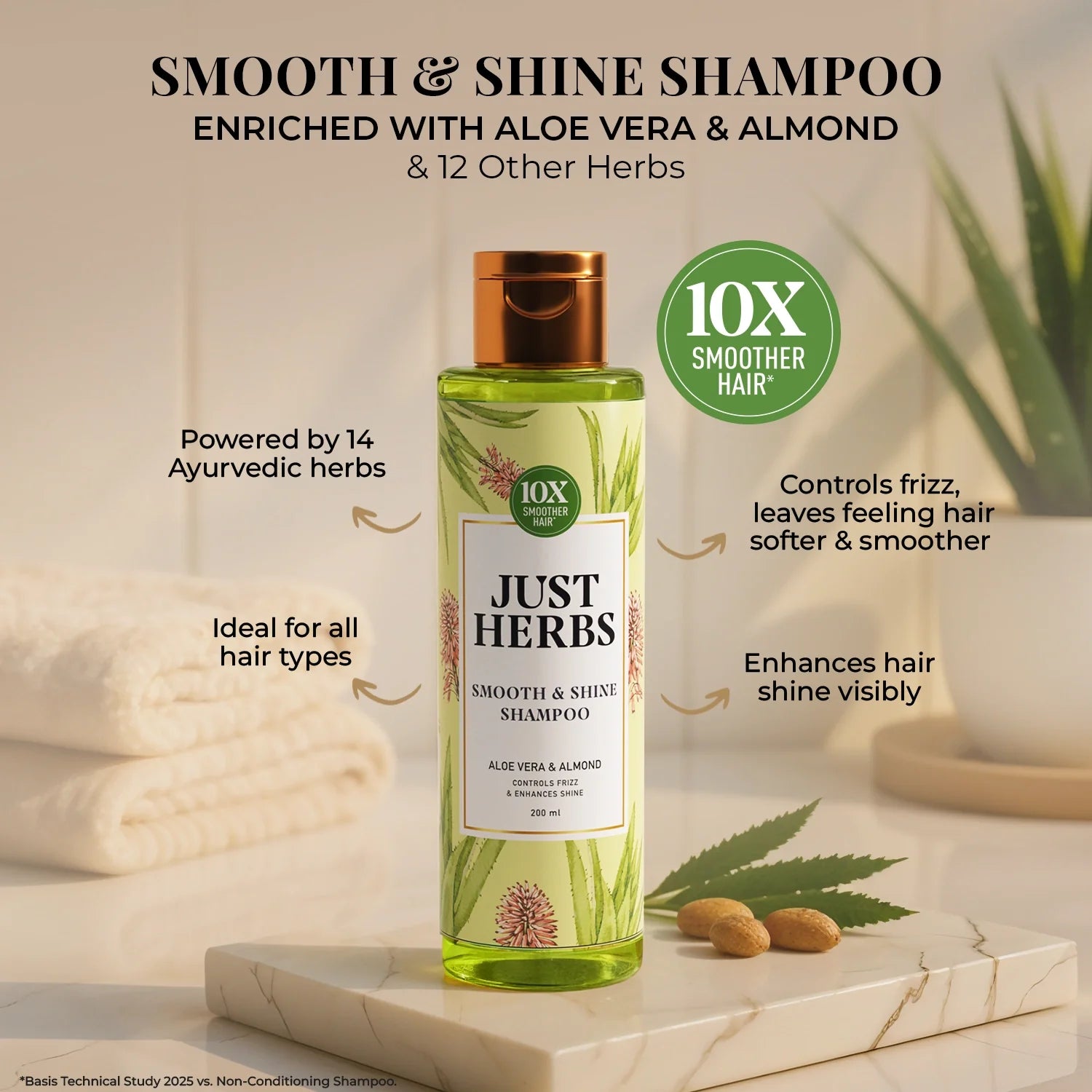 Smooth & Shine Shampoo for Dry and Frizzy Hair| Aloe Vera, Almond, Rice Protein & 12 Herbs 200ml