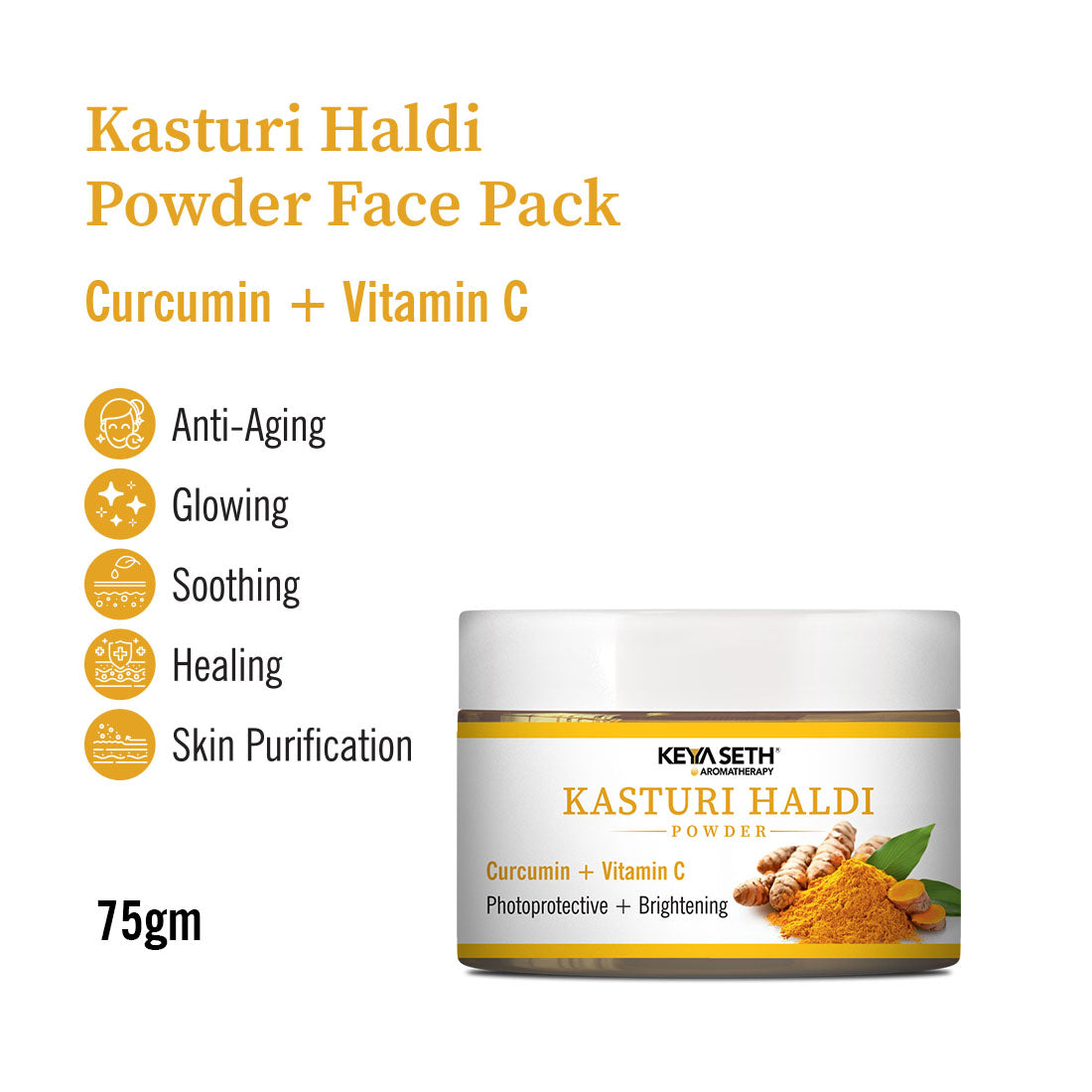 Kasturi Haldi Powder Face Pack with Curcumin & Vitamin C for Soothing, Healing, Skin Purification, Anti-Aging, Acne Reduction & Glowing Skin 75g