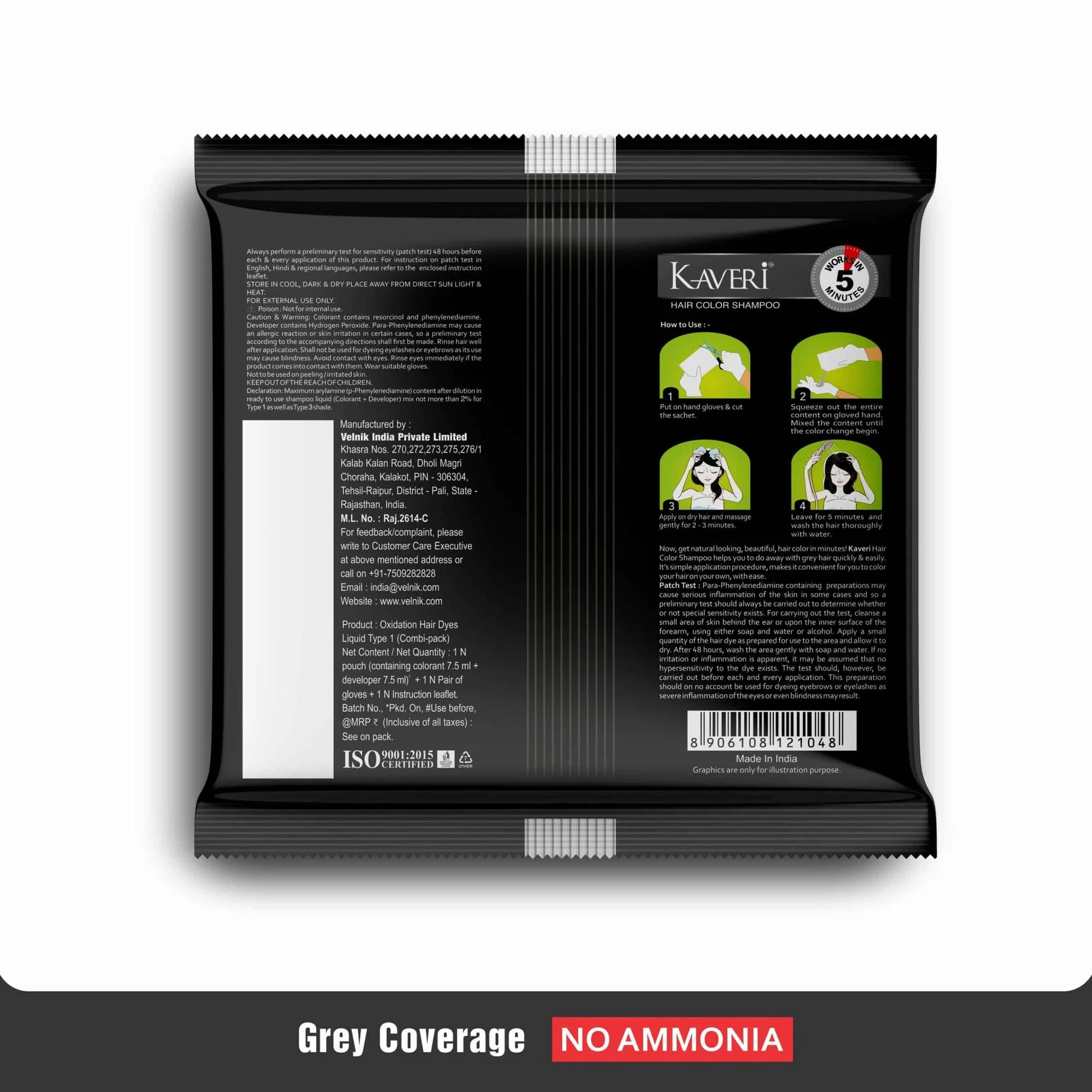 Kaveri Shampoo Hair Colour Black For Men & Women Pack Of 4 (Natural Black) Pack of 4