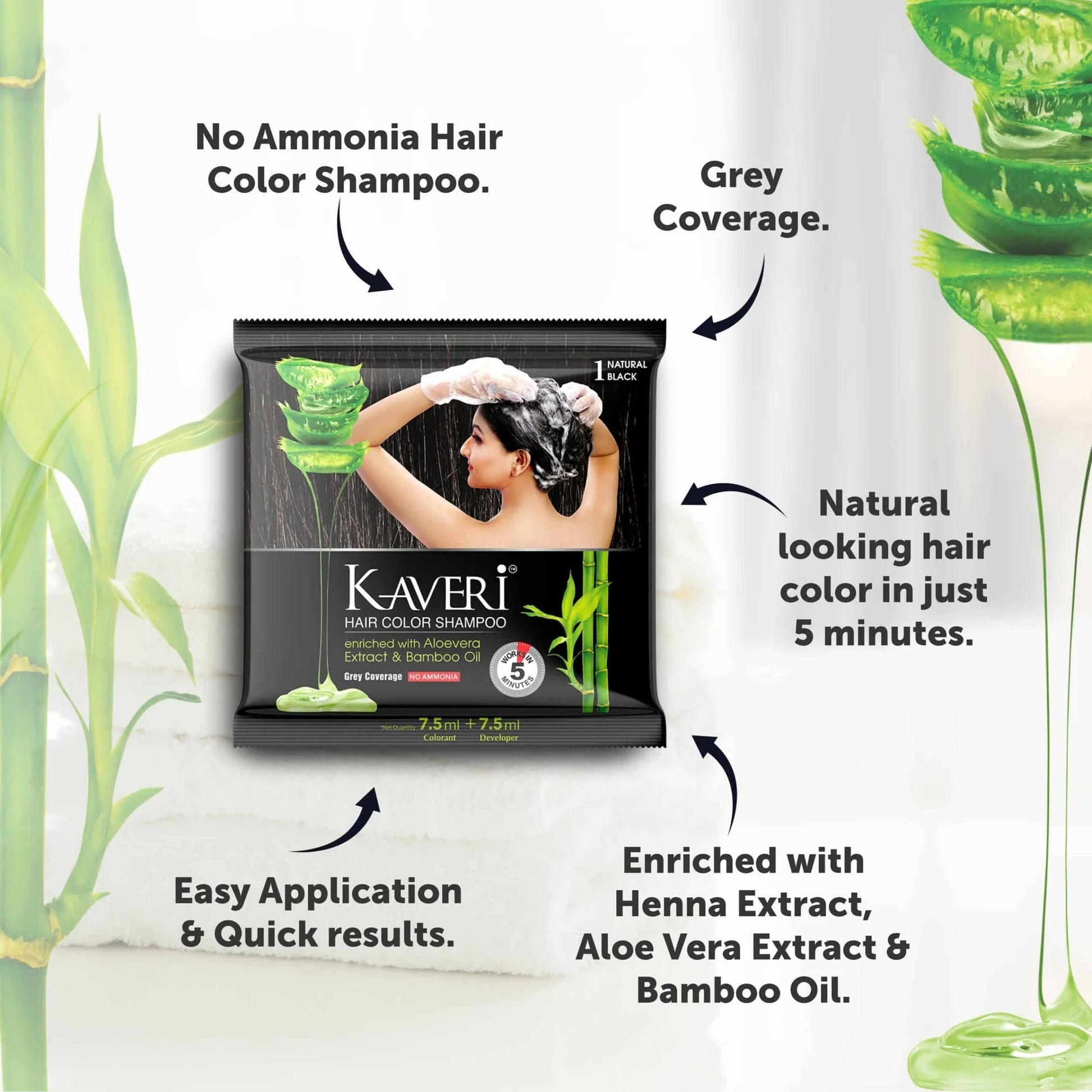 Kaveri Shampoo Hair Colour Black For Men & Women Pack Of 5 (Natural Black) Pack of 5
