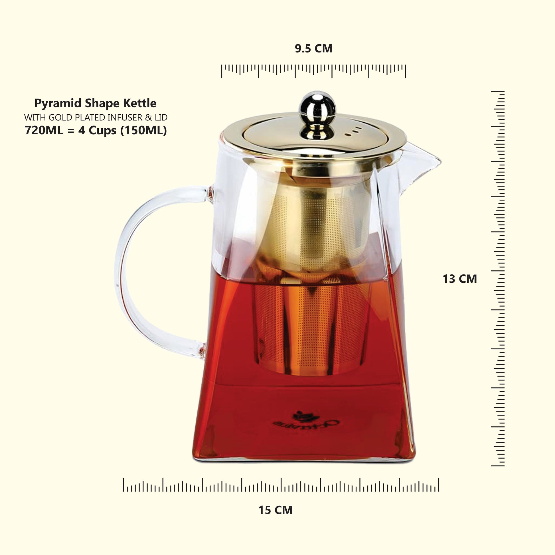 Pyramid Shaped Borosilicate Glass Kettle with Gold Plated Infuser and Lid 720ML