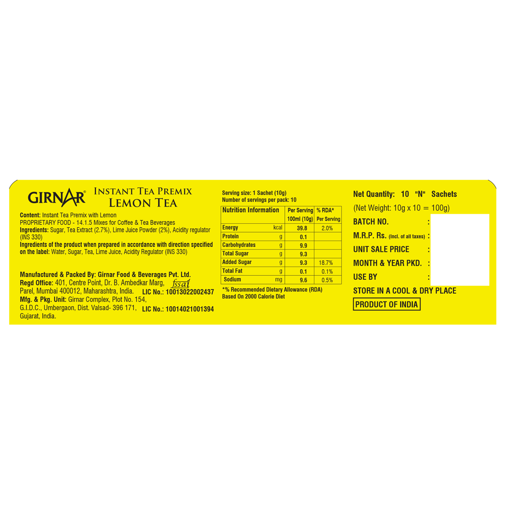Instant Tea Premix With Lemon 10 Sachets