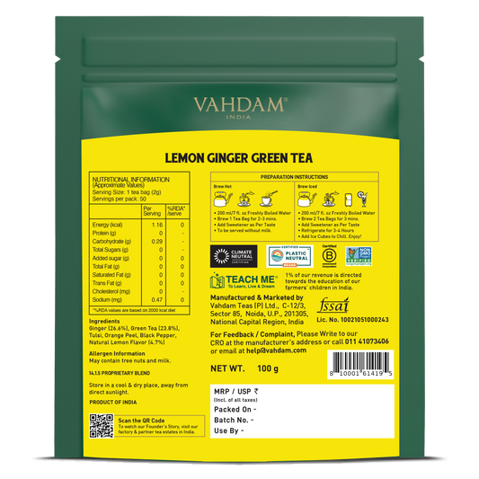【VAHDAM】 Lemon Ginger Green Tea, 50 Count｜レモン ジンジャー グリーンティー｜50 Count