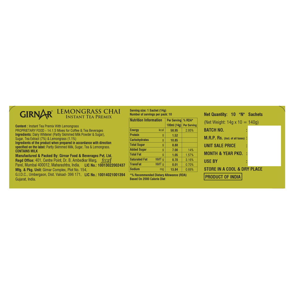 Instant Tea Premix With Lemongrass 10 Sachets