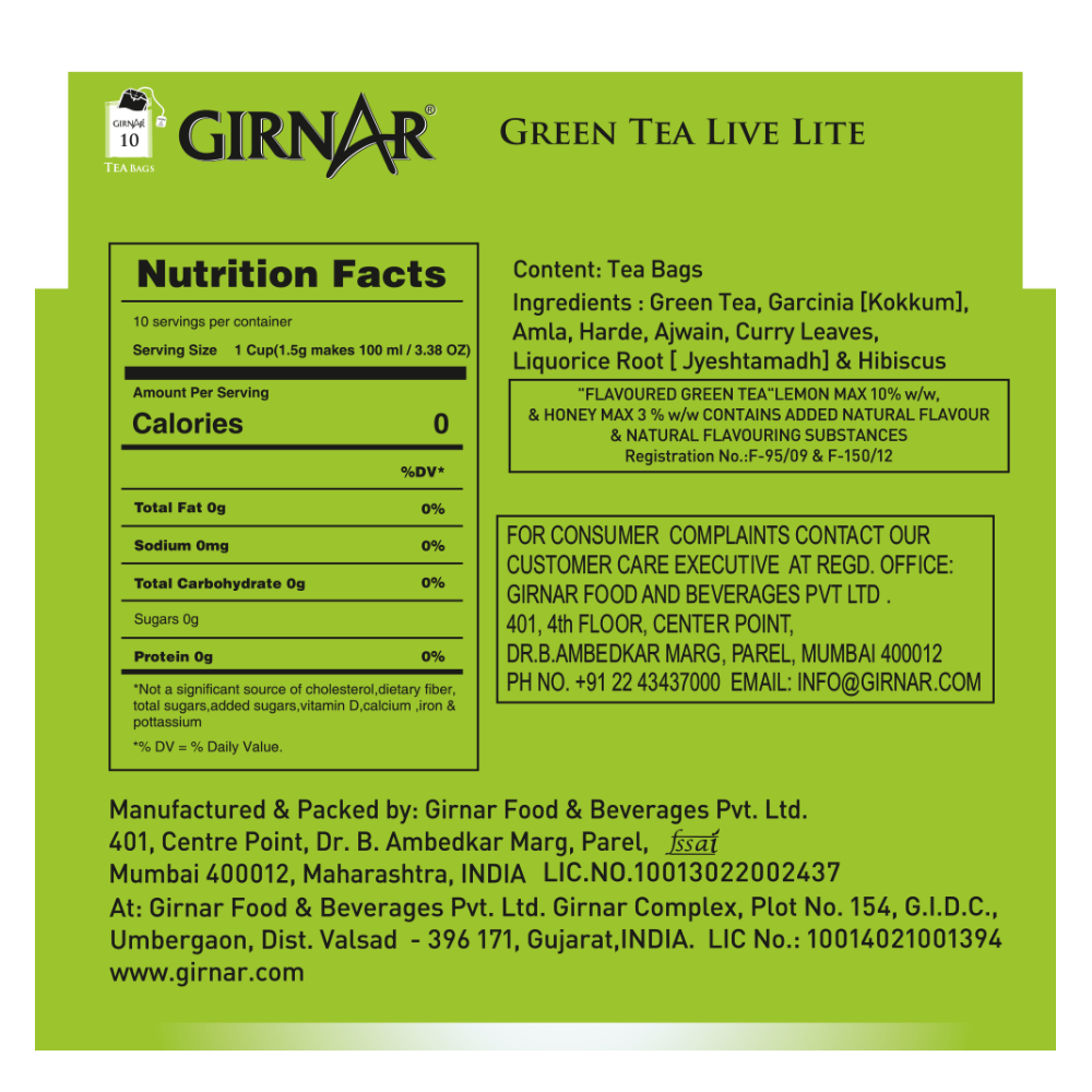 Green Tea Bags - Live Lite 10 Tea Bags