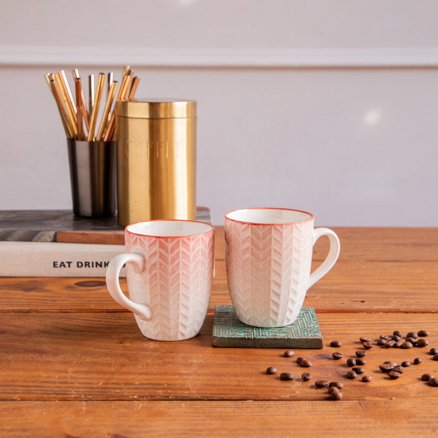 Luxe Weave Coffee Mug – Sunset Coral (Set of 2) – 300 ml 300ml