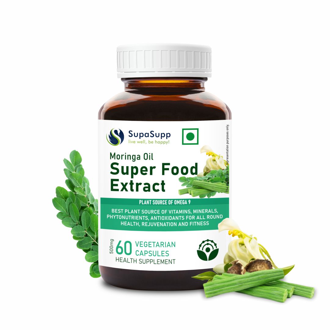 SupaSupp Moringa Oil Super Food Extract | Best Plant Source Of Vitamins & Minerals For All Round Health, Rejuvenation And Fitness | Health Supplement | 60 Veg Cap, 500 mg 500mg