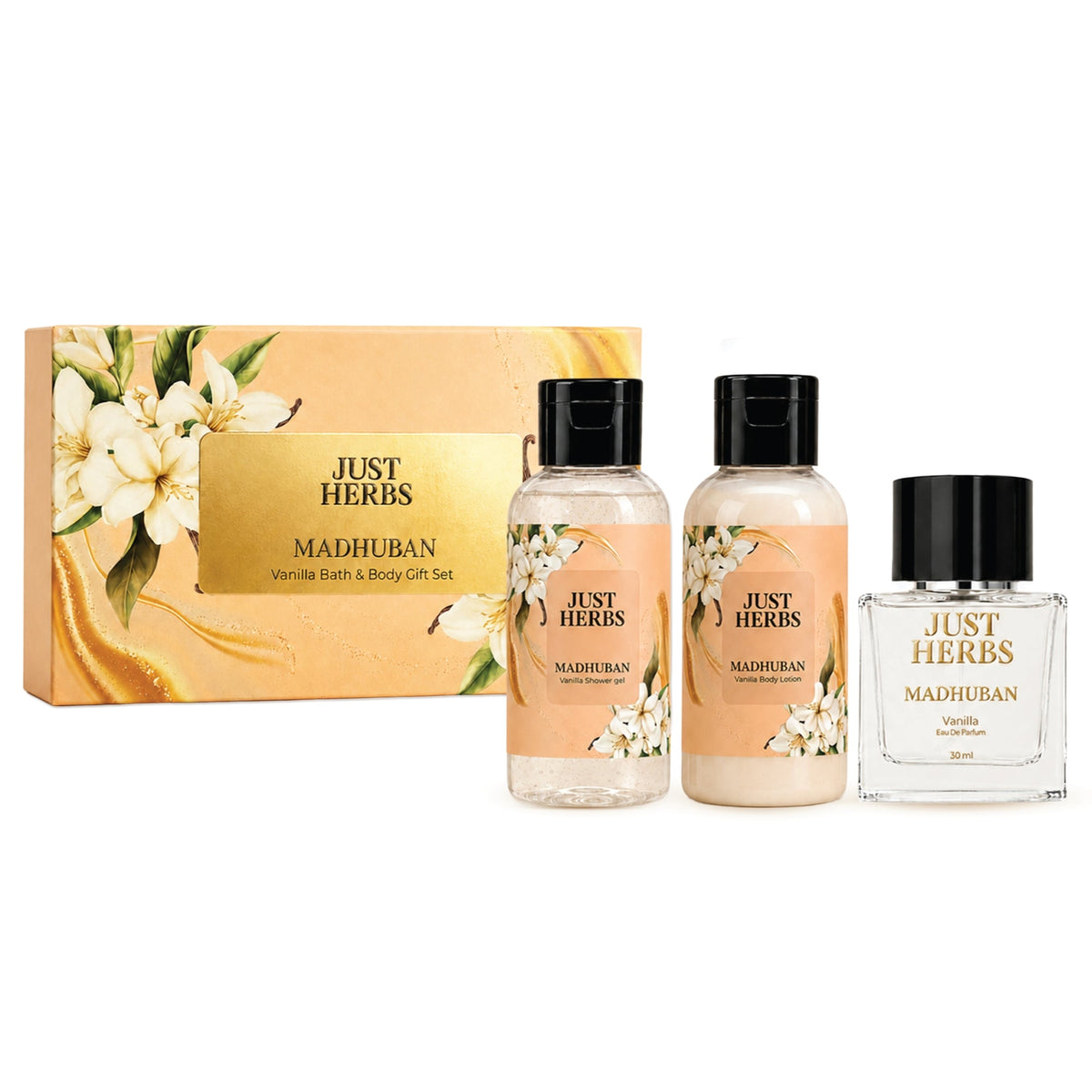 【Just Herbs】Madhuban Vanilla Bath & Body Gift Set｜マドゥバン バニラ バス＆ボディ ギフトセット（3 点）