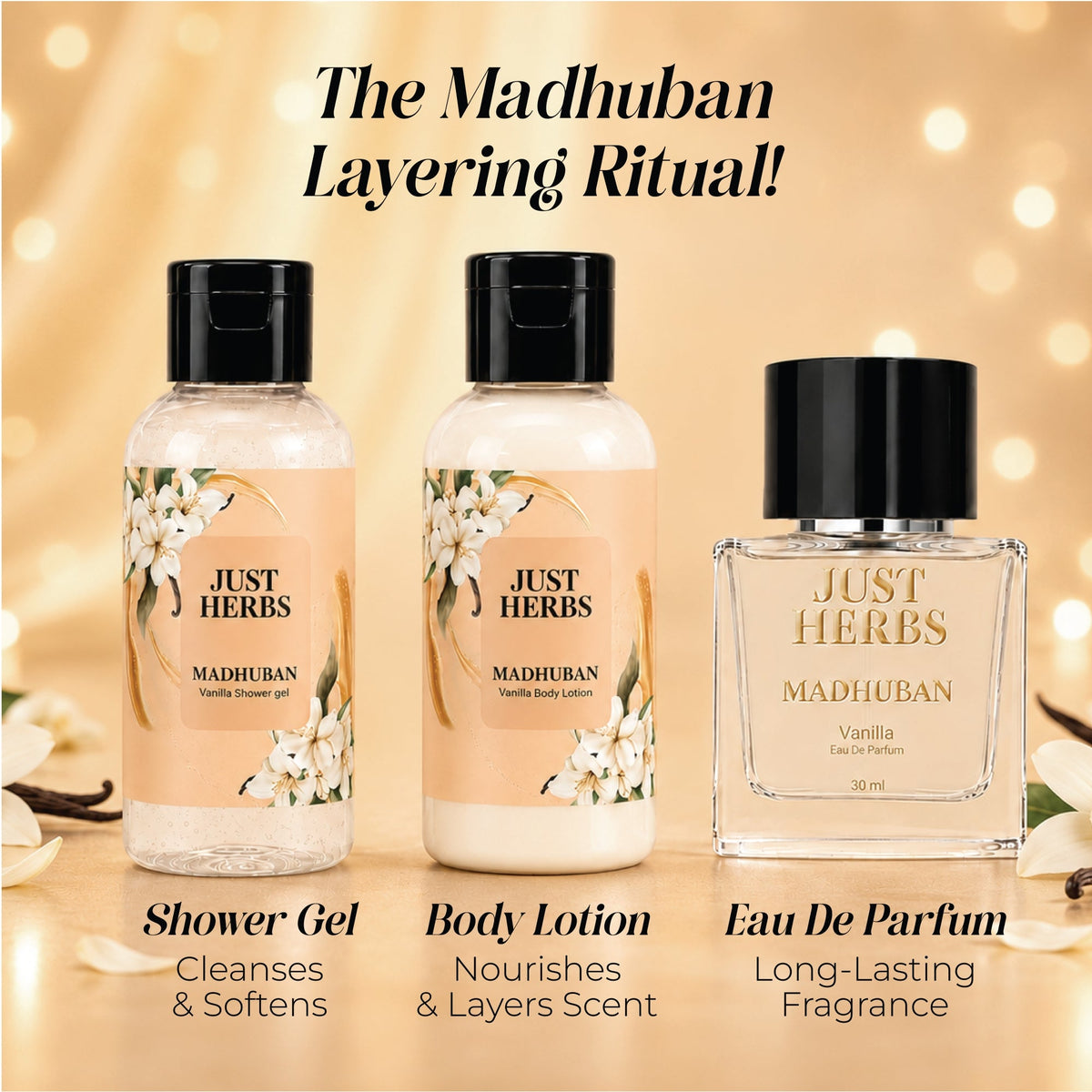 【Just Herbs】Madhuban Vanilla Bath & Body Gift Set｜マドゥバン バニラ バス＆ボディ ギフトセット（3 点）
