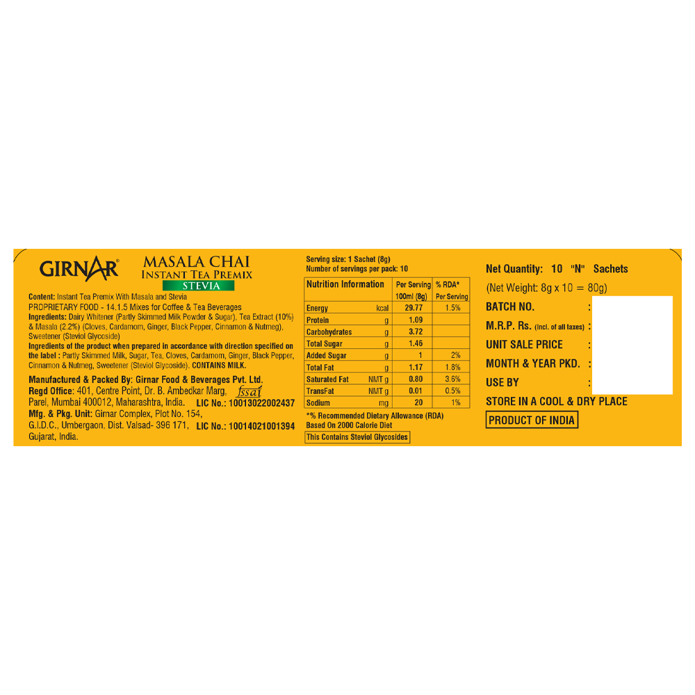 Instant Masala Chai Premix With Stevia 10 Sachets