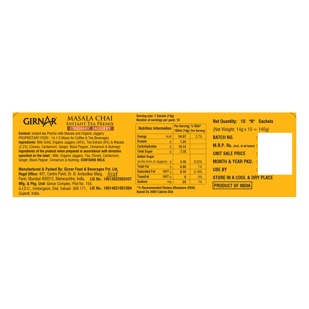 Instant Masala Chai Premix With Organic Jaggery 10 Sachets