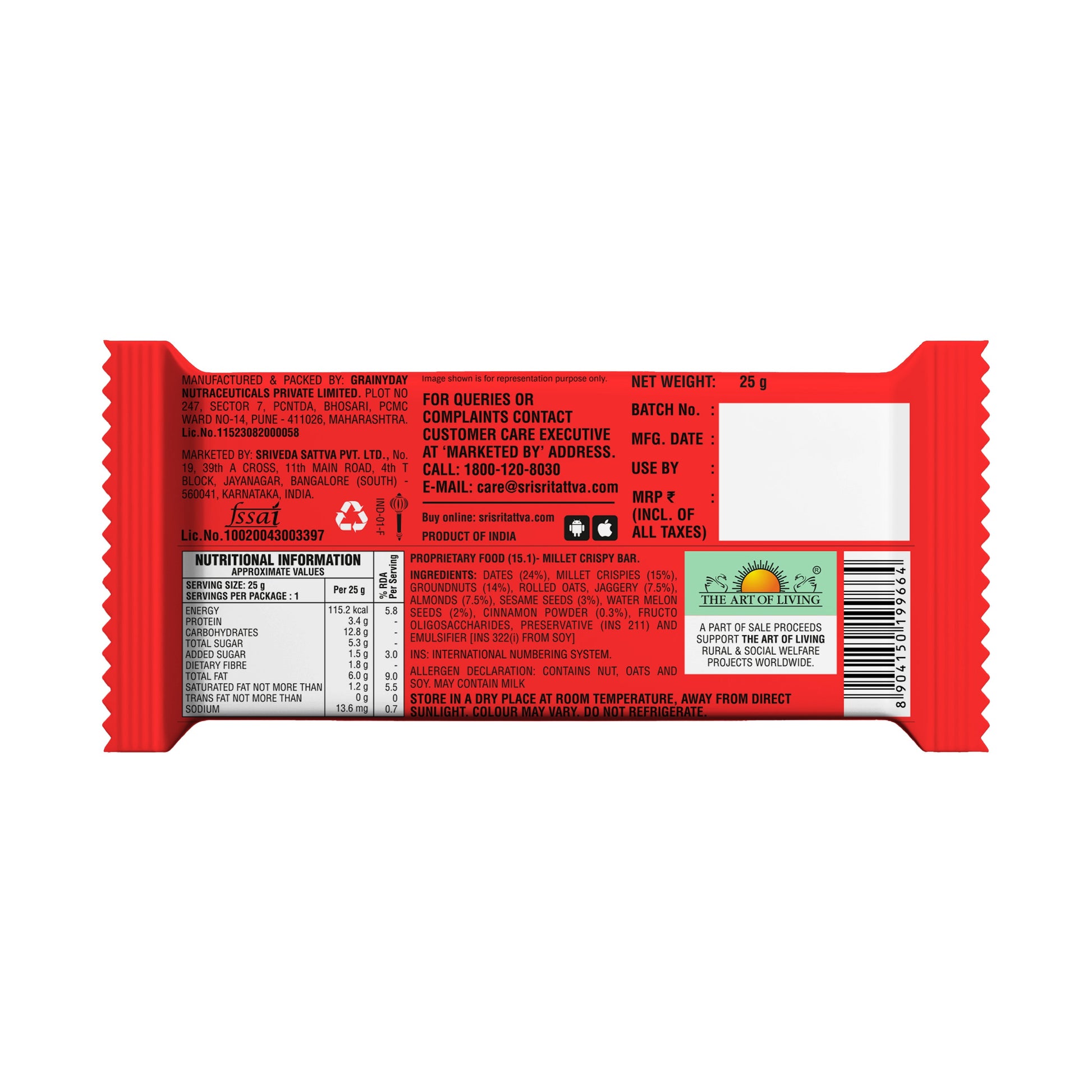 TRUE CREW - Millet Crispy Bar, 25 g Each (Pack of 10) 25gx10