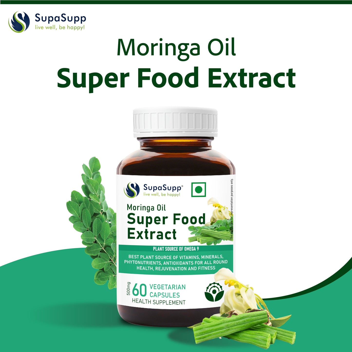 SupaSupp Moringa Oil Super Food Extract | Best Plant Source Of Vitamins & Minerals For All Round Health, Rejuvenation And Fitness | Health Supplement | 60 Veg Cap, 500 mg 500mg