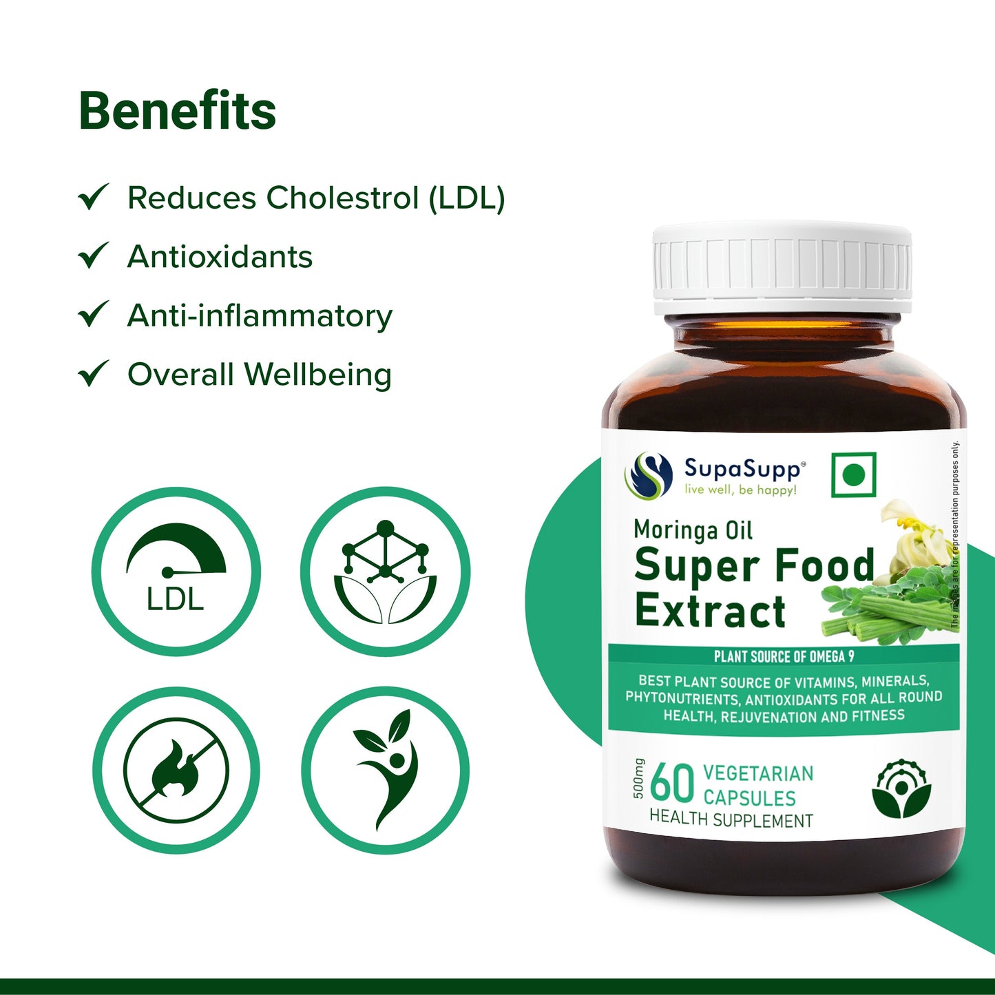 SupaSupp Moringa Oil Super Food Extract | Best Plant Source Of Vitamins & Minerals For All Round Health, Rejuvenation And Fitness | Health Supplement | 60 Veg Cap, 500 mg 500mg