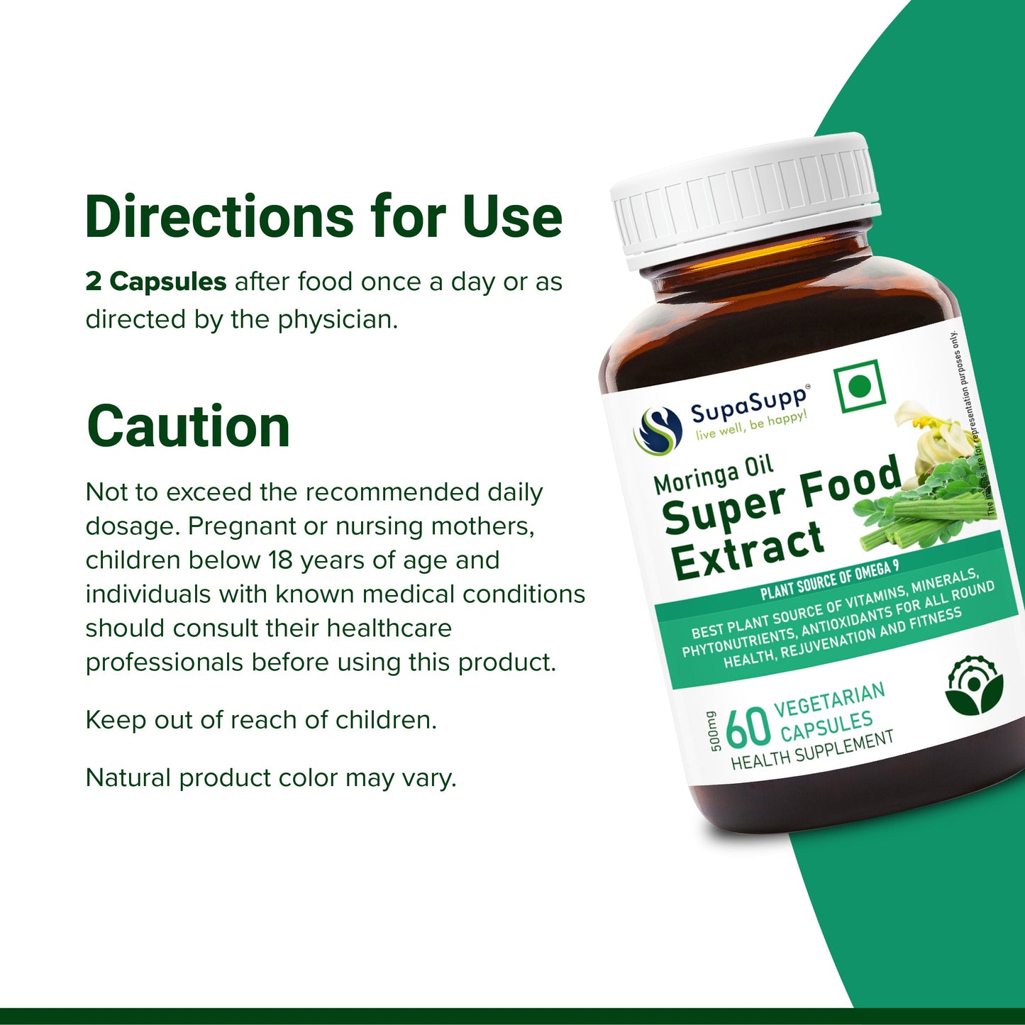 SupaSupp Moringa Oil Super Food Extract | Best Plant Source Of Vitamins & Minerals For All Round Health, Rejuvenation And Fitness | Health Supplement | 60 Veg Cap, 500 mg 500mg