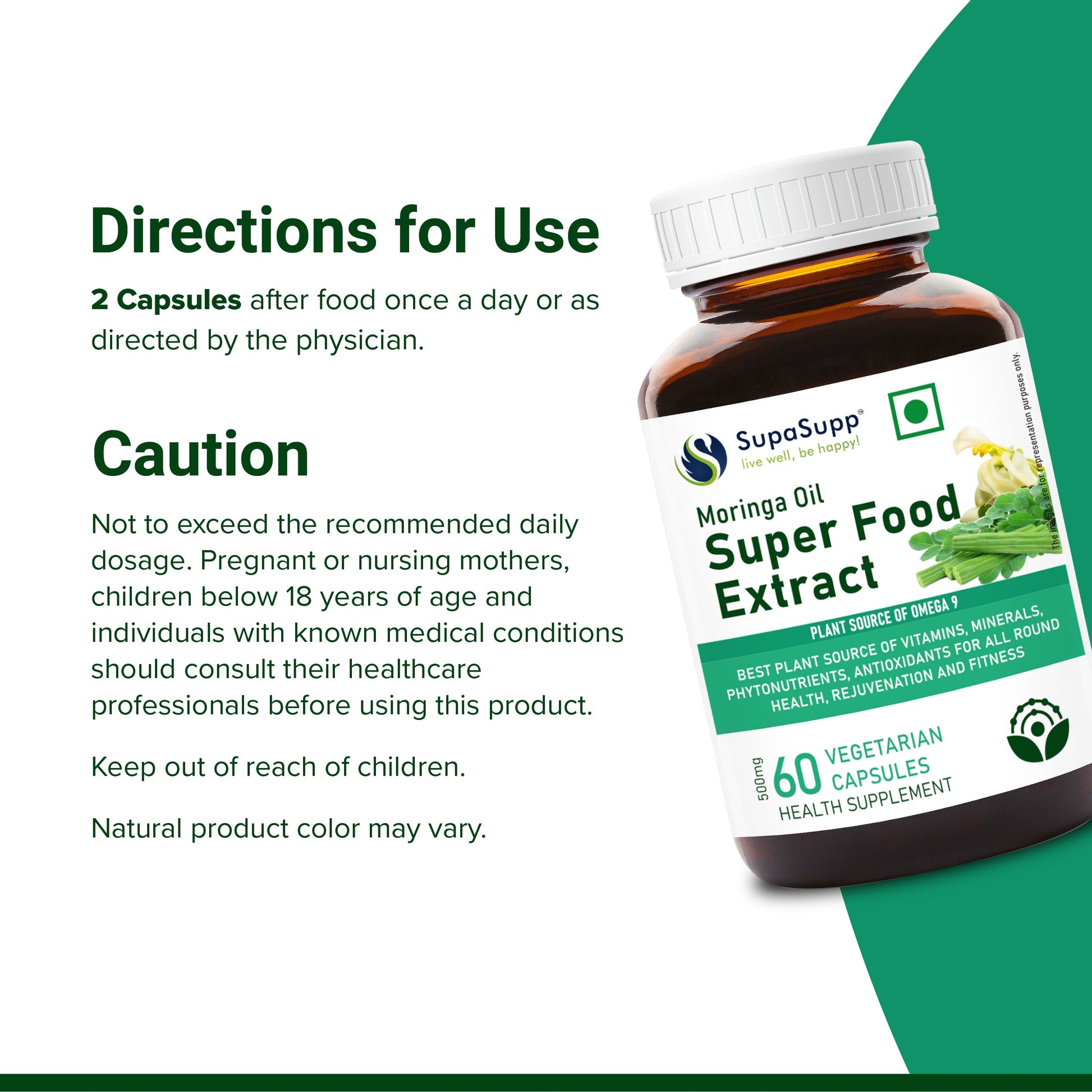 SupaSupp Moringa Oil Super Food Extract | Best Plant Source Of Vitamins & Minerals For All Round Health, Rejuvenation And Fitness | Health Supplement | 60 Veg Cap, 500 mg 500mg