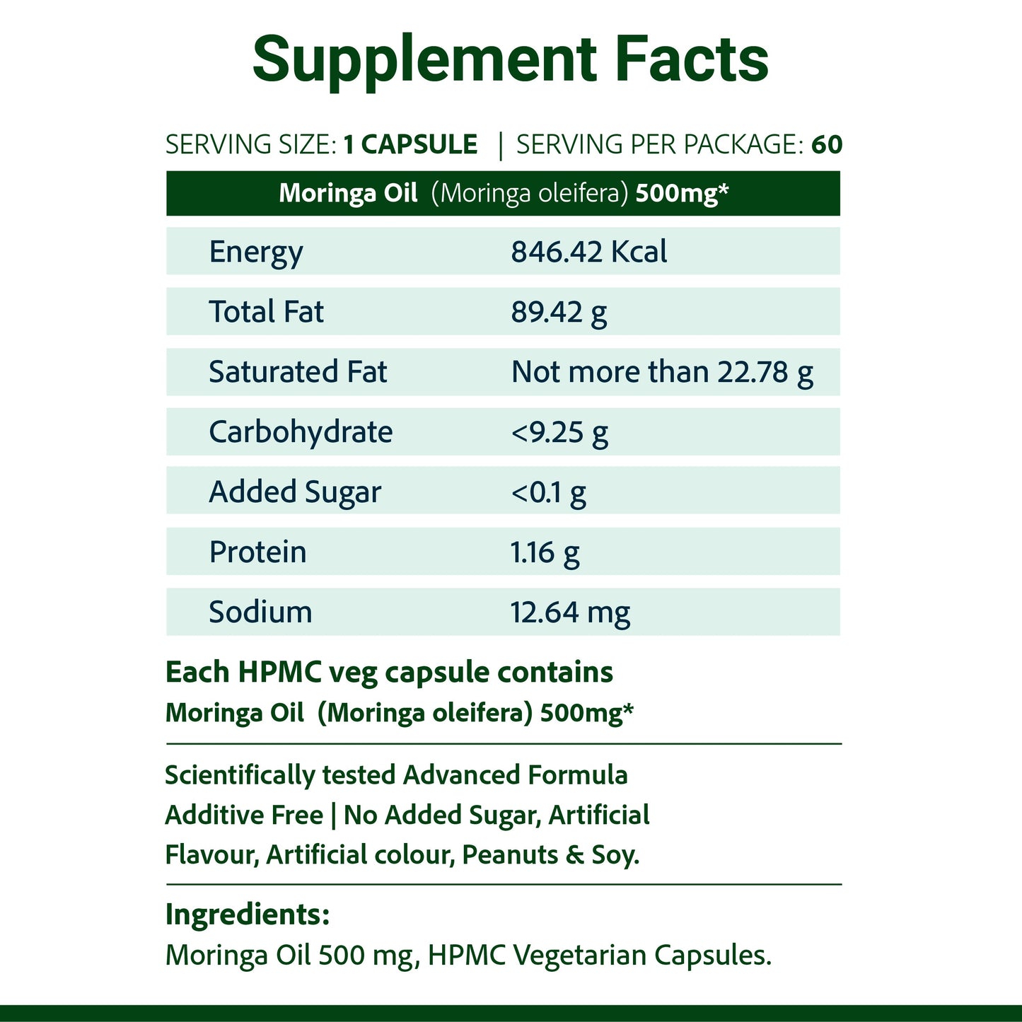 SupaSupp Moringa Oil Super Food Extract | Best Plant Source Of Vitamins & Minerals For All Round Health, Rejuvenation And Fitness | Health Supplement | 60 Veg Cap, 500 mg 500mg