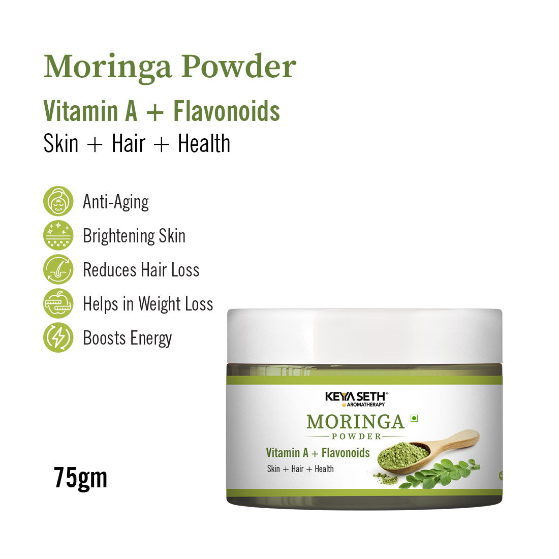 Moringa Powder with Vitamin A & Flavonoids for Hydration, Soothing, Anti-Wrinkle, Dryness Relief, Weight Loss Support, Boost Energy & Collagen 75g