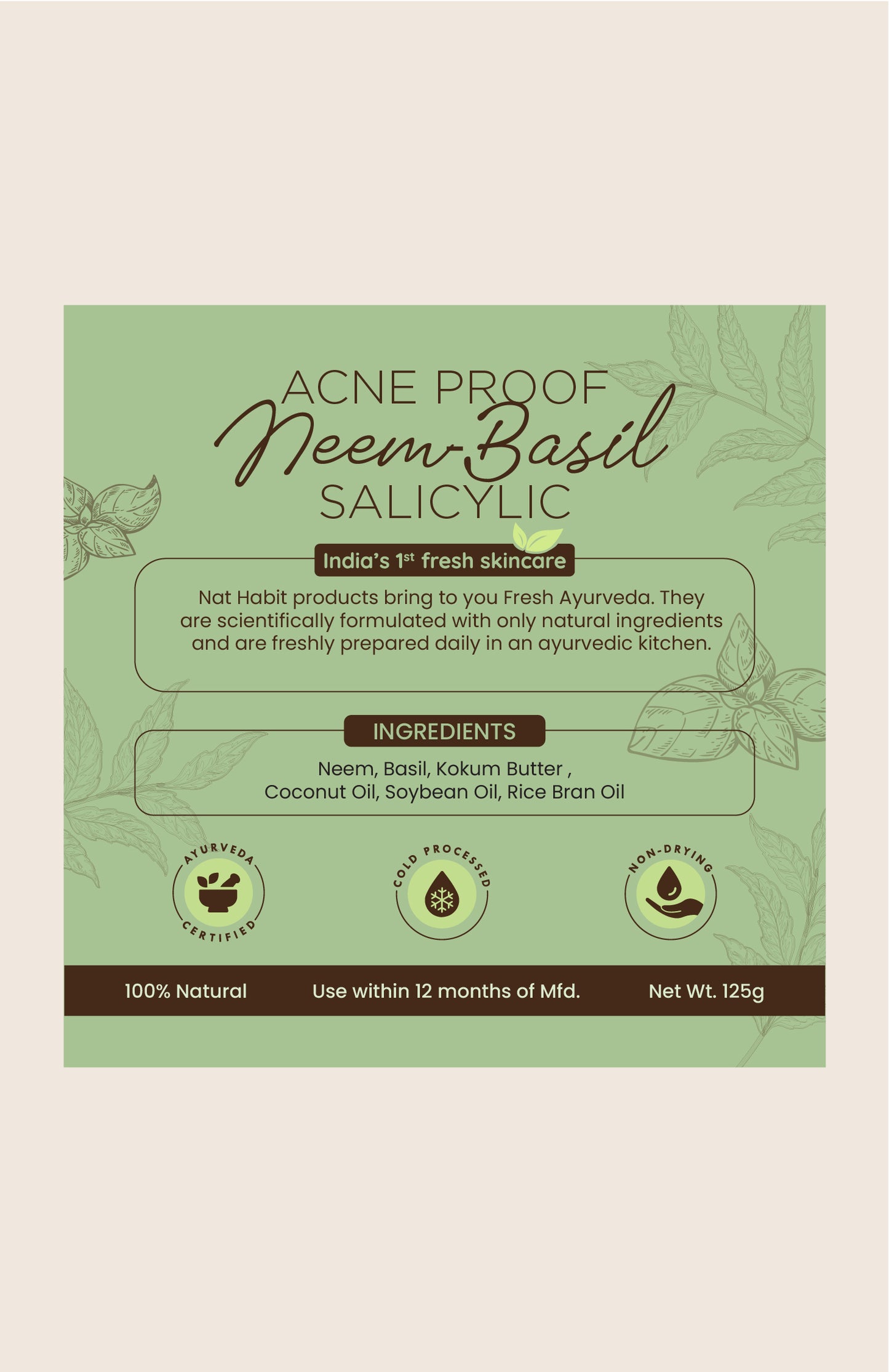 Cold Processed Acne-proof Neem-Basil Salicylic Soap 125g×1個