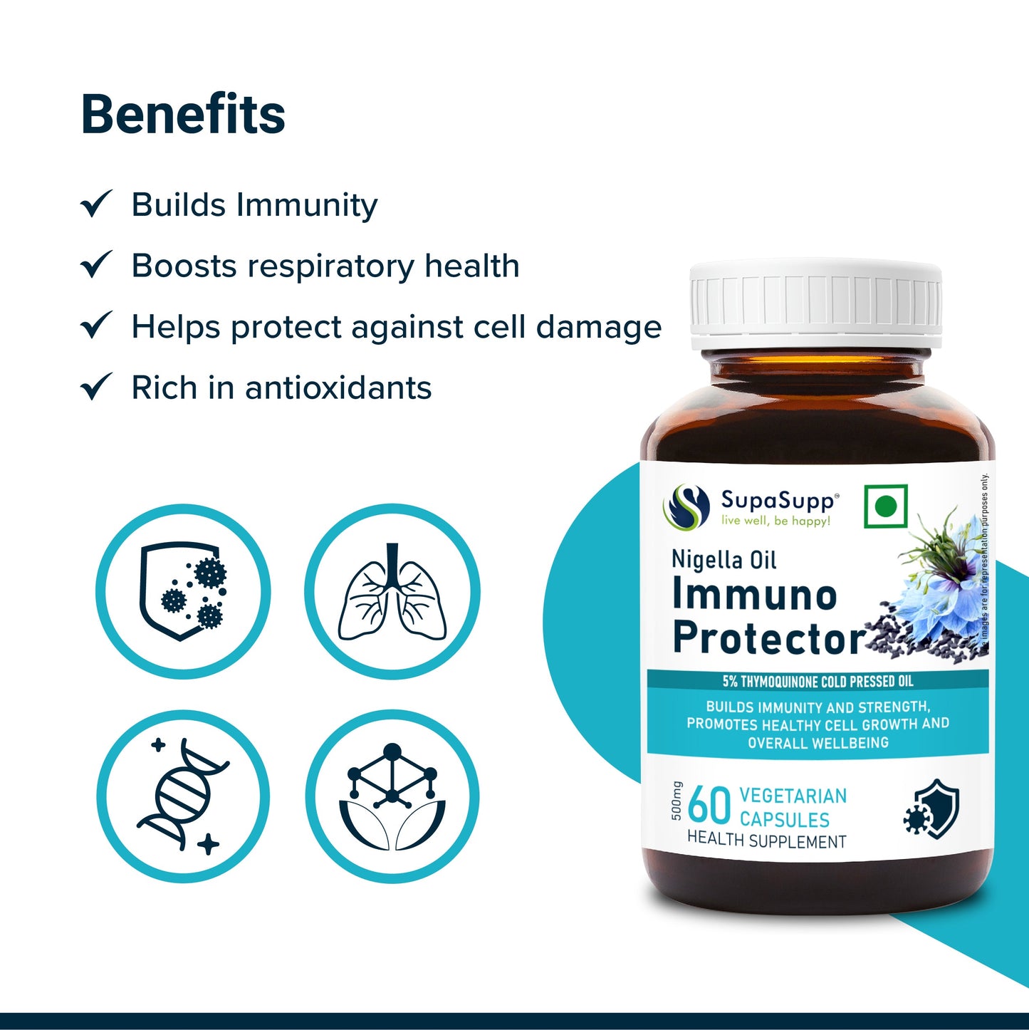 SupaSupp Nigella Oil Immuno Protector | Builds Immunity And Strength, Promotes Healthy Cell Growth And Overall Wellbeing | Health Supplement | 60 Veg Cap, 500 mg 500mg