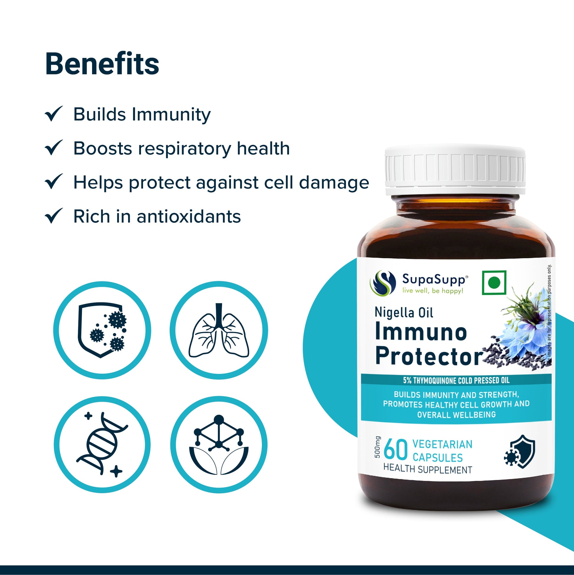 SupaSupp Nigella Oil Immuno Protector | Builds Immunity And Strength, Promotes Healthy Cell Growth And Overall Wellbeing | Health Supplement | 60 Veg Cap, 500 mg 500mg