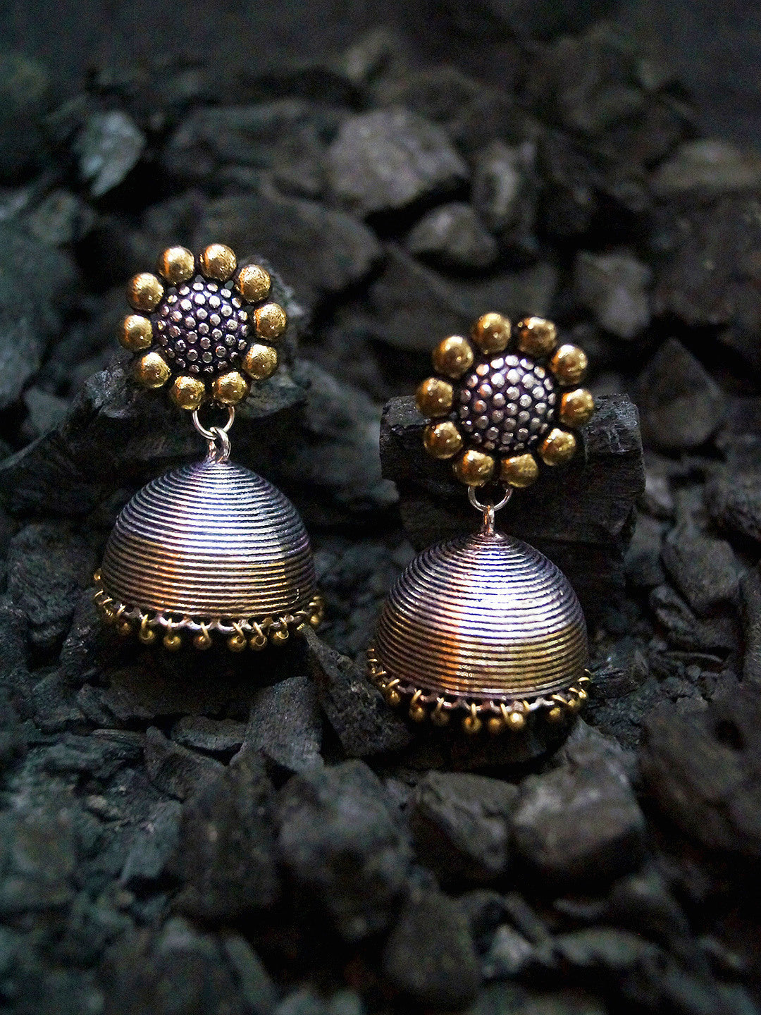 Rubans Oxidised Silver & Antique Gold-Toned Dome-Shaped Jhumkas Gold