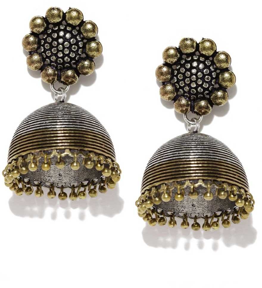 Rubans Oxidised Silver & Antique Gold-Toned Dome-Shaped Jhumkas Gold