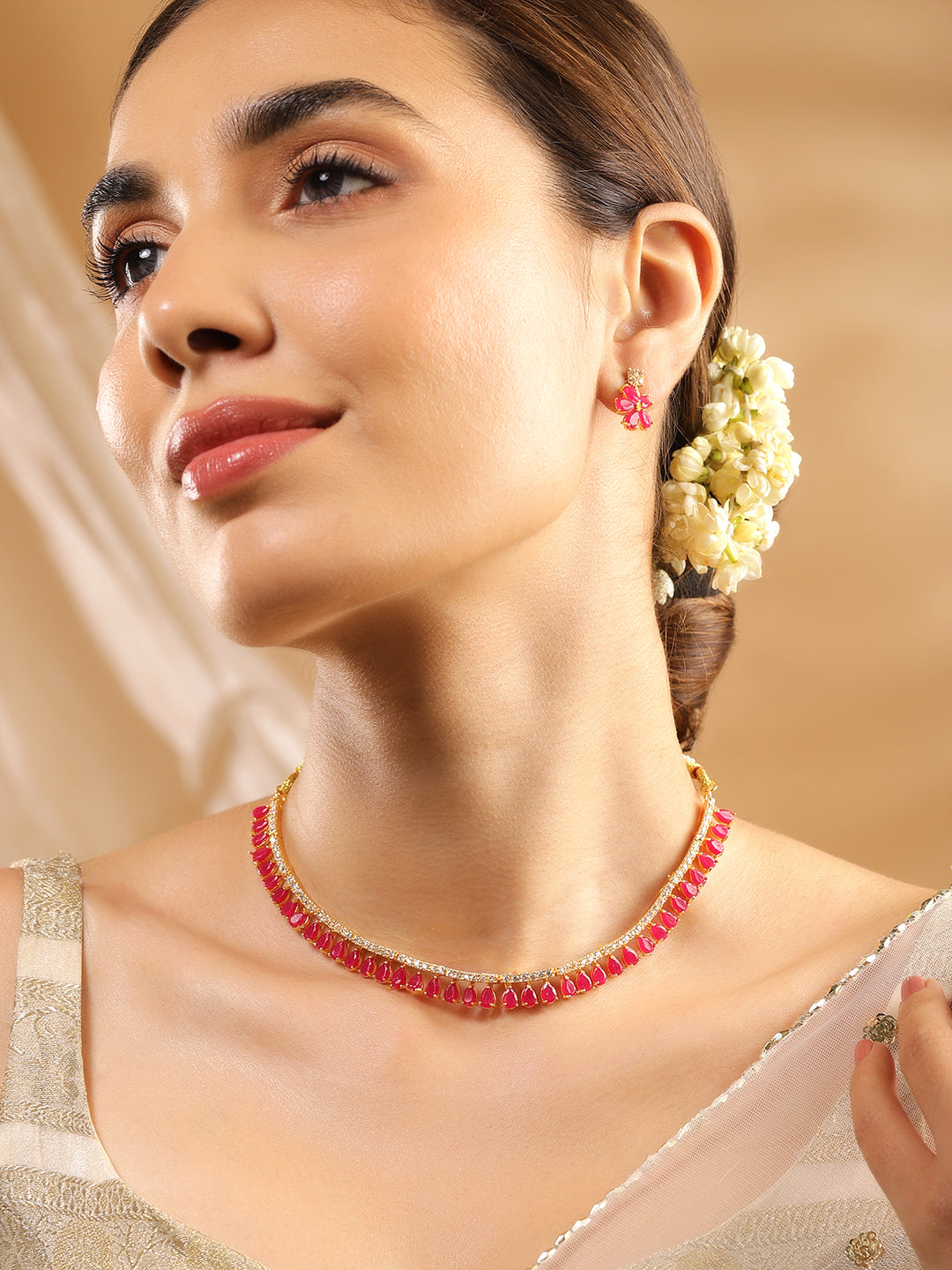 Rubans Gold-Toned & Pink CZ Stone-Studded Necklace Set Pink