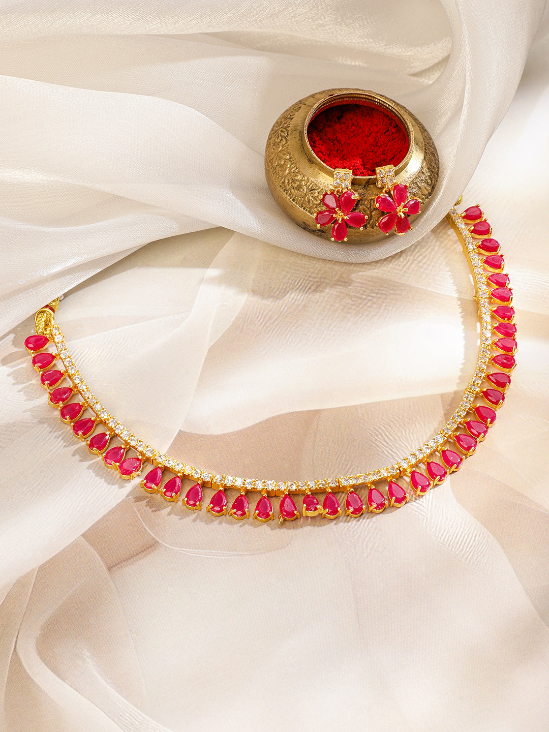 Rubans Gold-Toned & Pink CZ Stone-Studded Necklace Set Pink