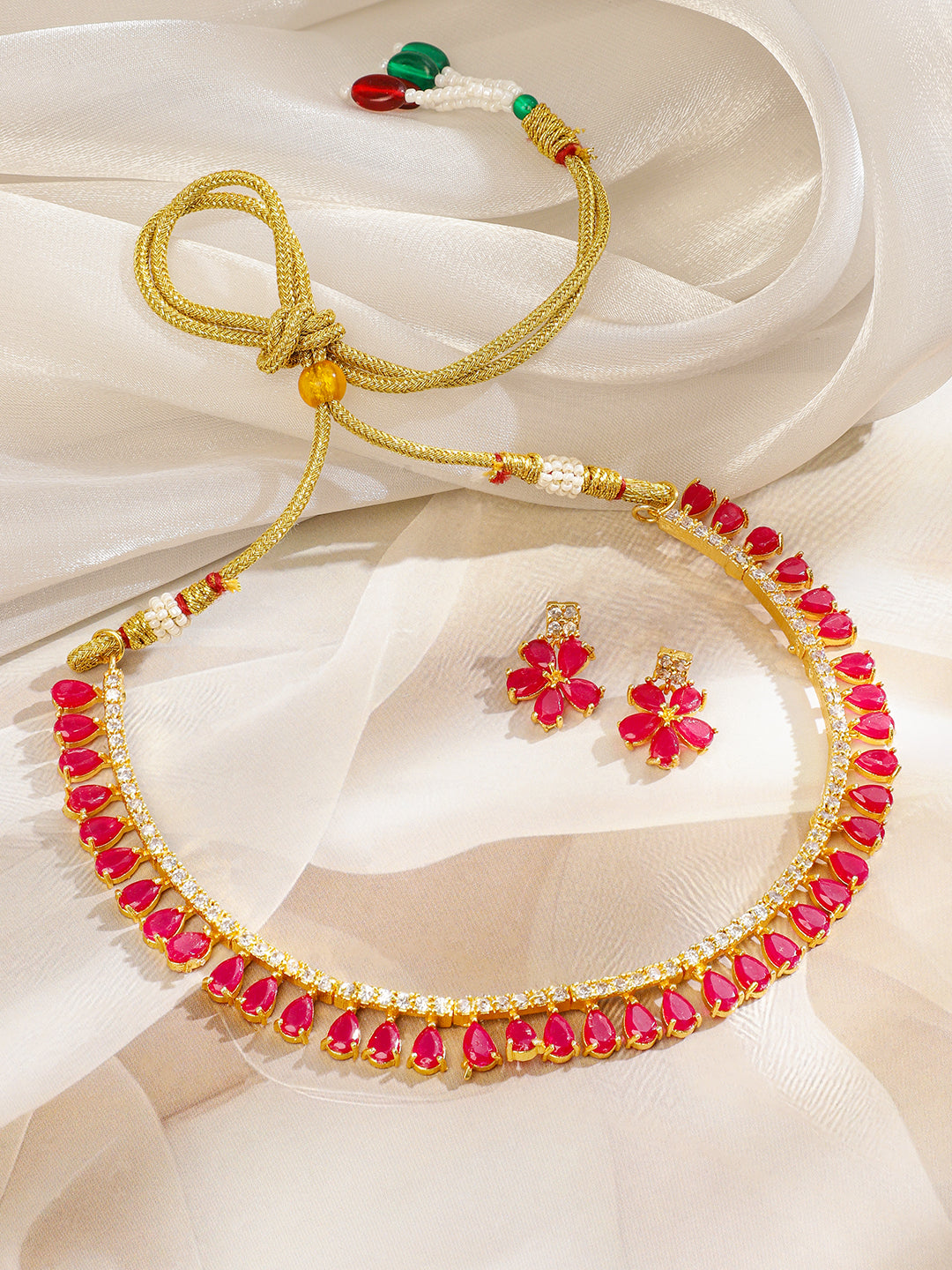 Rubans Gold-Toned & Pink CZ Stone-Studded Necklace Set Pink