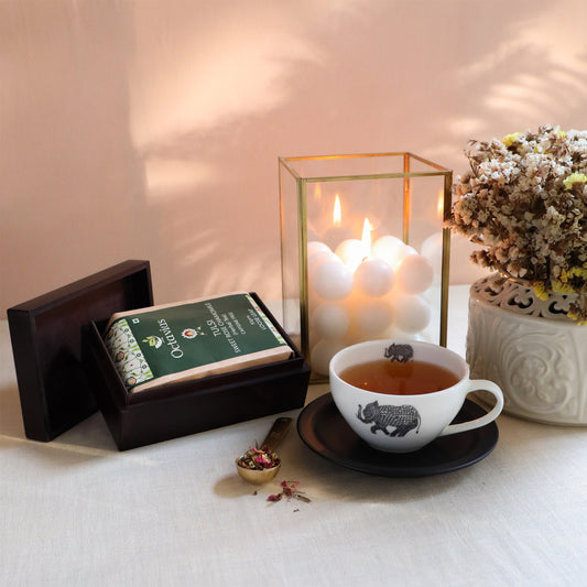 Tulsi Sweet Rose Chamomile Herbal Tea in Elephant Print Wooden Box (Caffeine Free) 380g