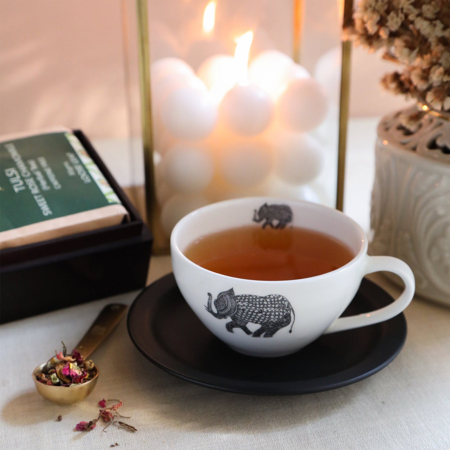 Tulsi Sweet Rose Chamomile Herbal Tea in Elephant Print Wooden Box (Caffeine Free) 380g