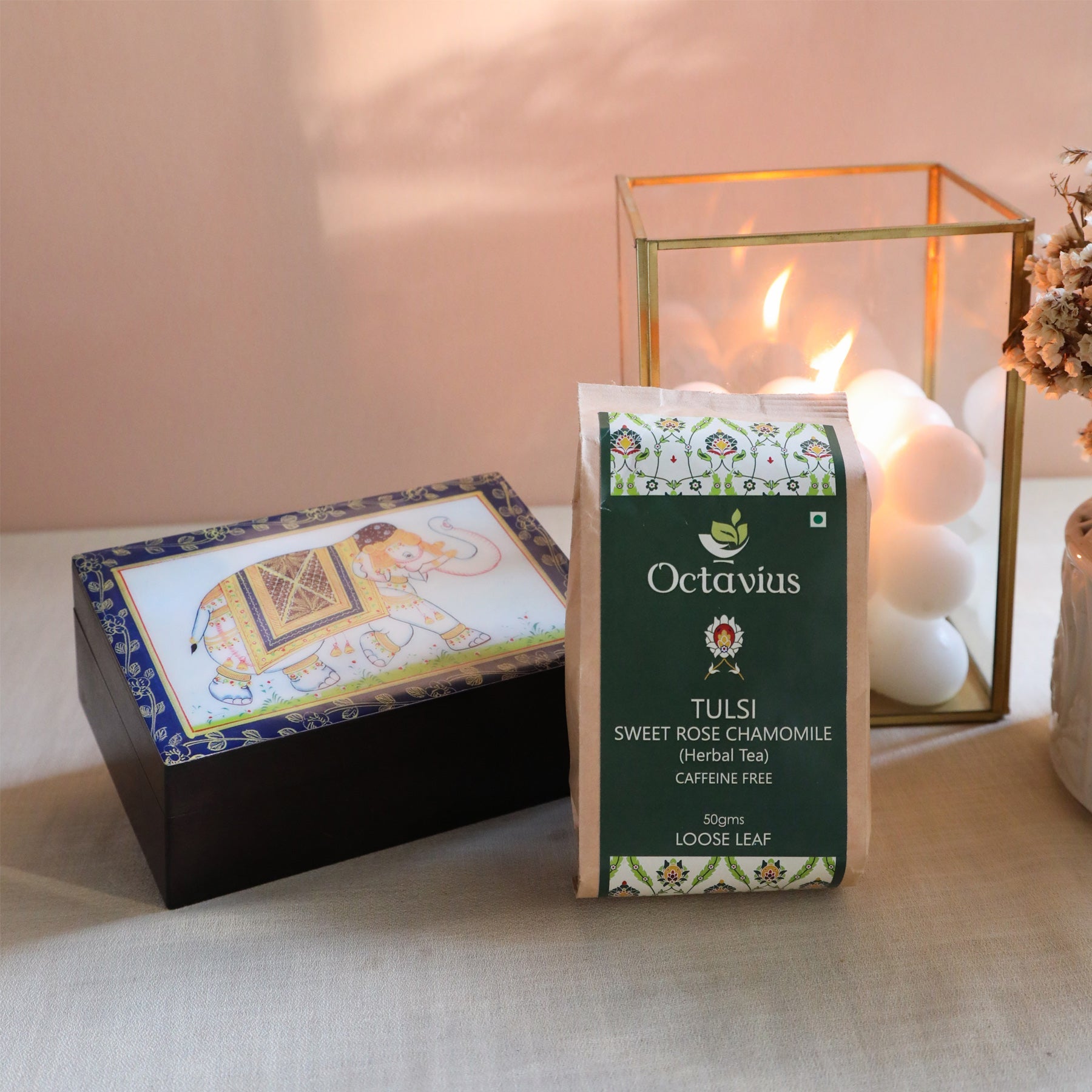Tulsi Sweet Rose Chamomile Herbal Tea in Elephant Print Wooden Box (Caffeine Free) 380g