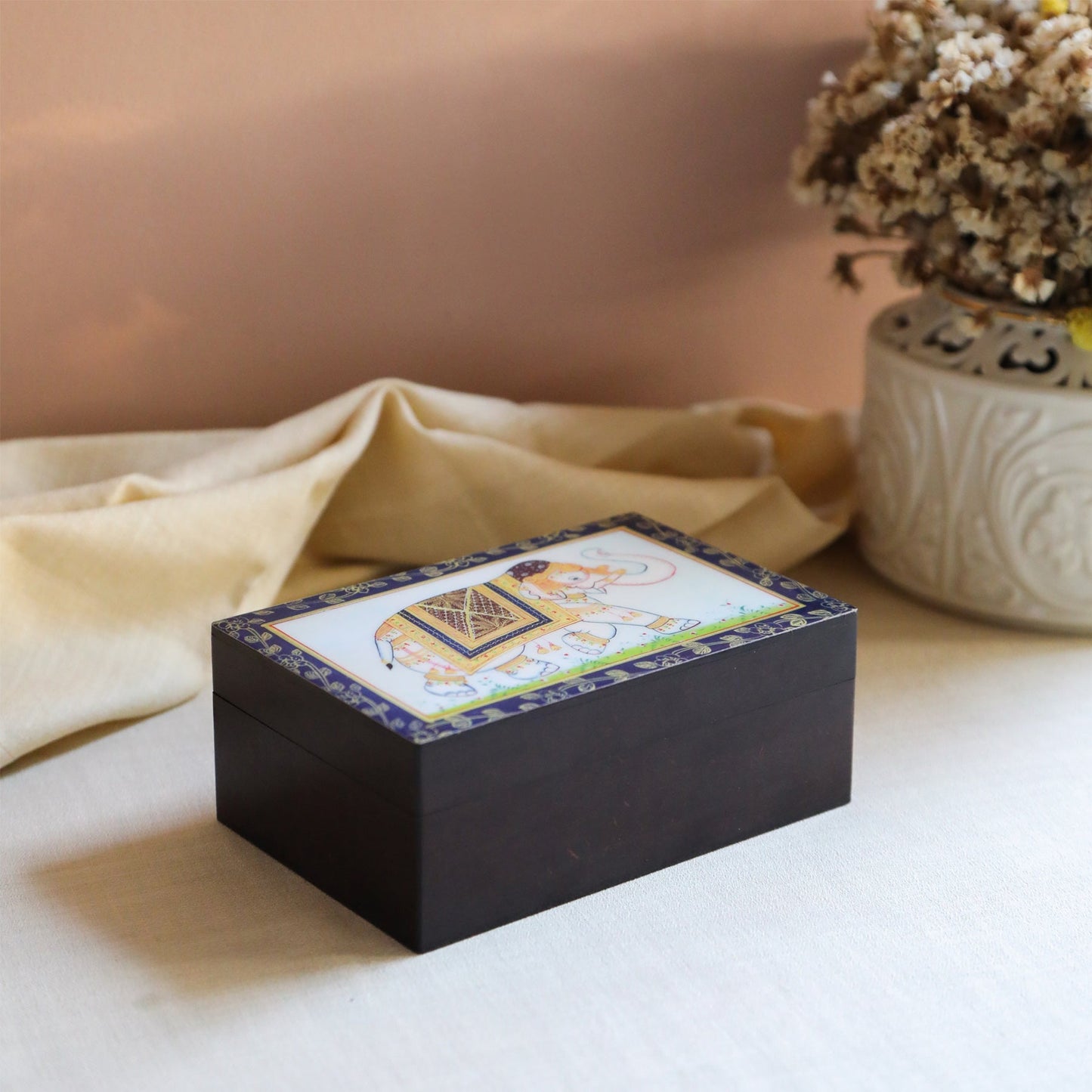Tulsi Sweet Rose Chamomile Herbal Tea in Elephant Print Wooden Box (Caffeine Free) 380g