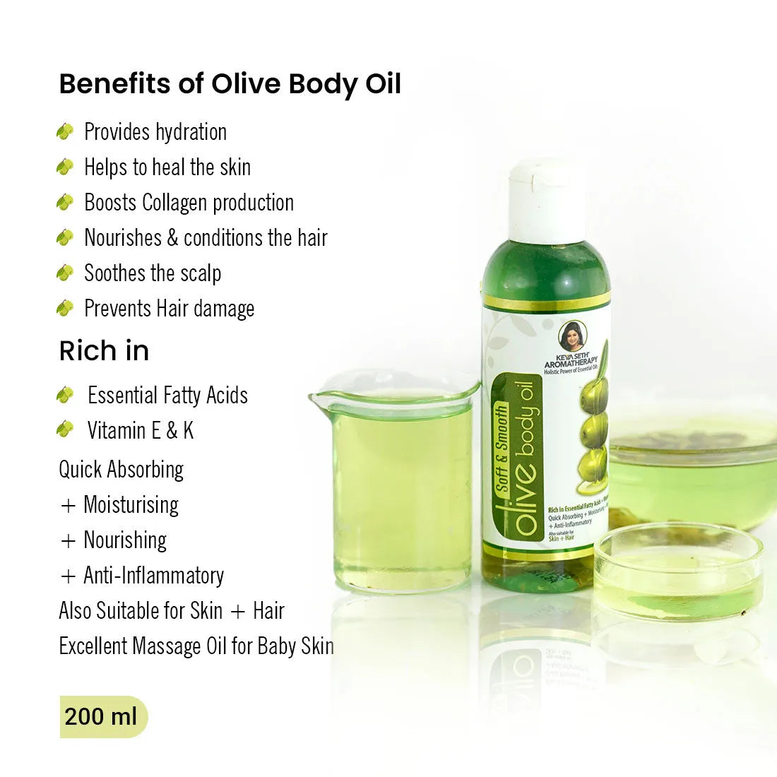 Olive Body Oil, Quick Absorbing Non-Sticky Nourishment I Hair & Skin, Daily Use After Bath Massage Oil I Pure Olive & Essential Oils Enriched 200ml