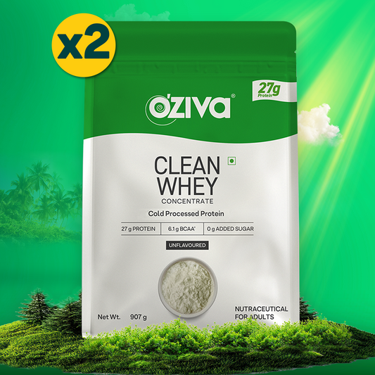 【OZiva】 Clean Whey Concentrate 27g Protein Cold-Processed Unflavoured, Pack of 2 (Power Pack, 907g x 2)