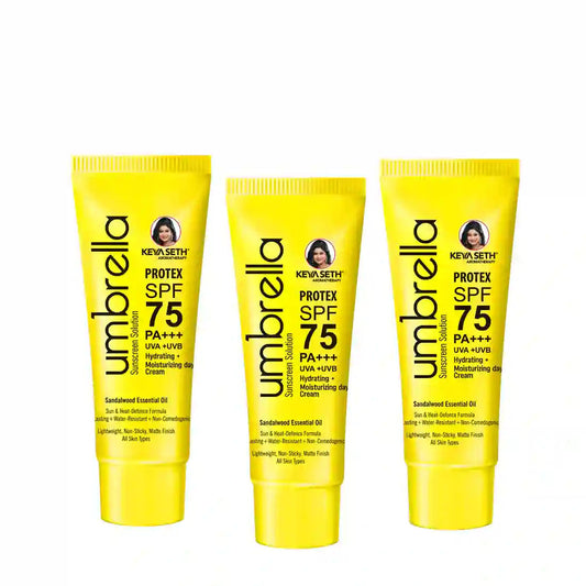 Umbrella Sunscreen Solution Protex SPF 75 Broad Spectrum Protection, Hydrating, No White Cast, Lightweight Matte Finish with Sandalwood Oil 18g x 3