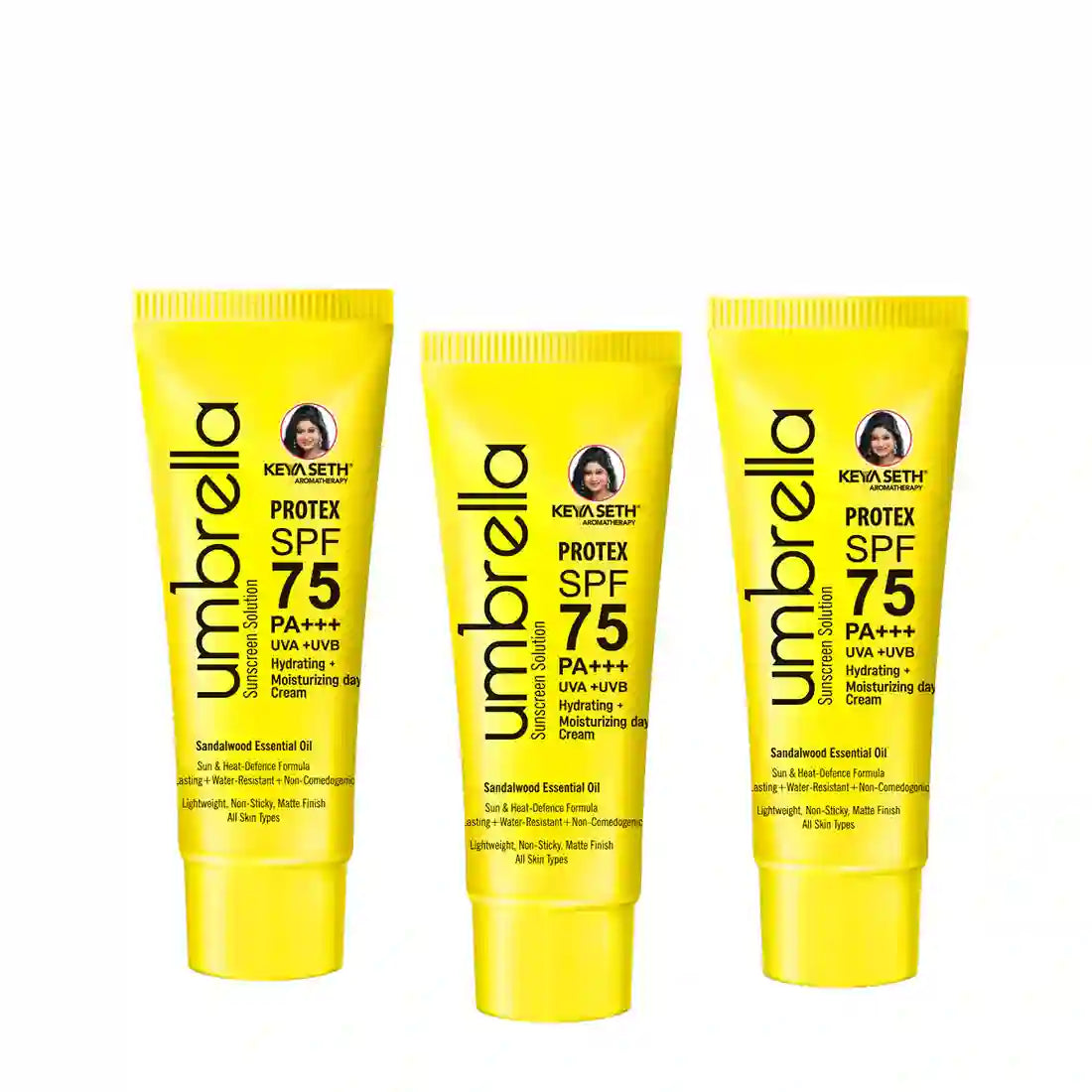 Umbrella Sunscreen Solution Protex SPF 75 Broad Spectrum Protection, Hydrating, No White Cast, Lightweight Matte Finish with Sandalwood Oil 100ml x 3