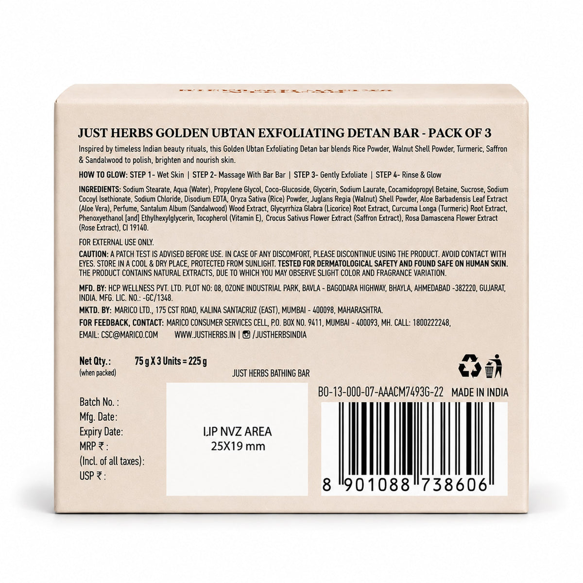 【Just Herbs】Golden Ubtan Exfoliating Detan Bar (Pack of 3)｜ゴールデン ウブタン エクスフォリエイティング デタン バー 3 個セット｜75g×3
